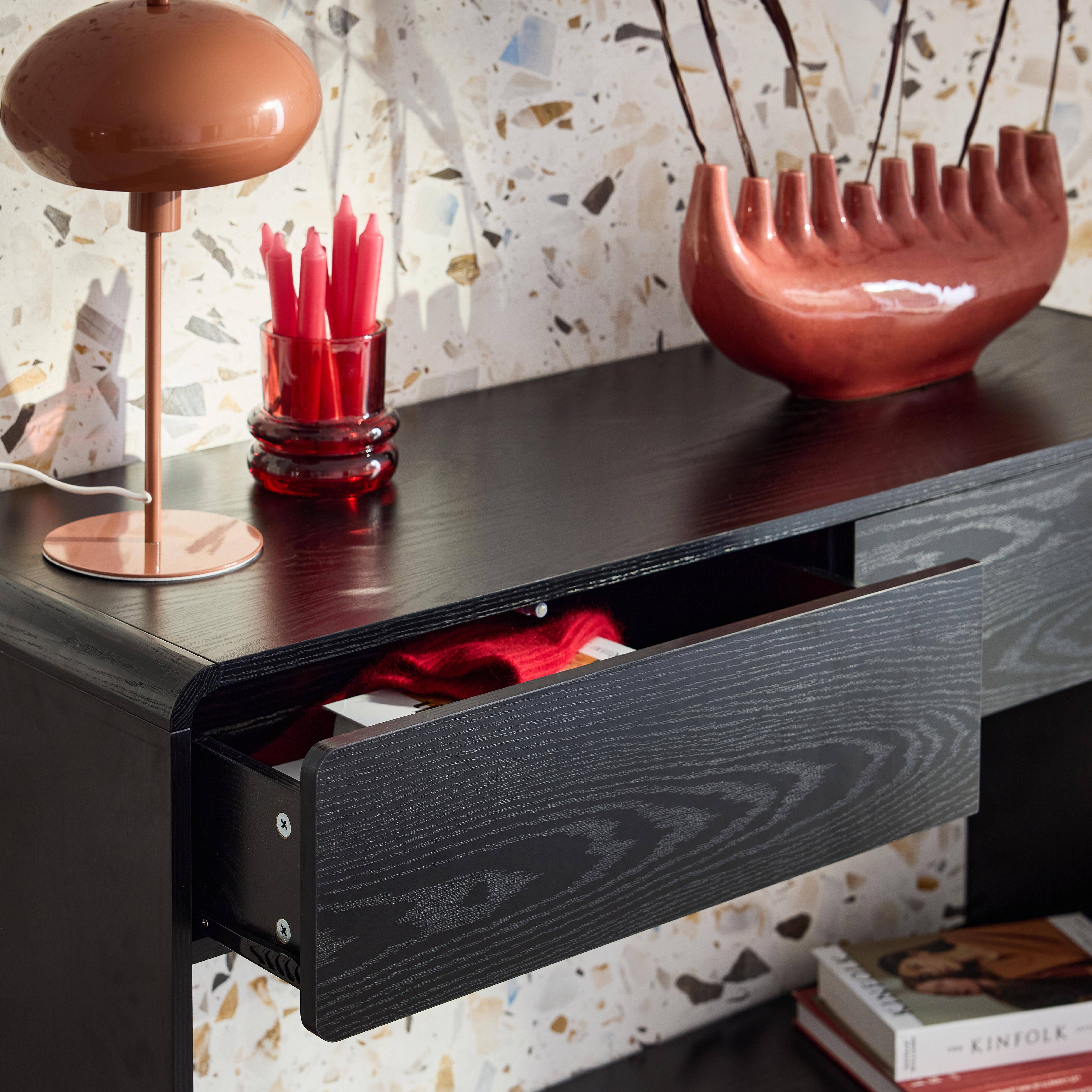 Consolle con 2 cassetti e 1 ripiano, effetto legno arrotondato, Milo, Nero, 120x40x70 cm,sweeek,Photo2