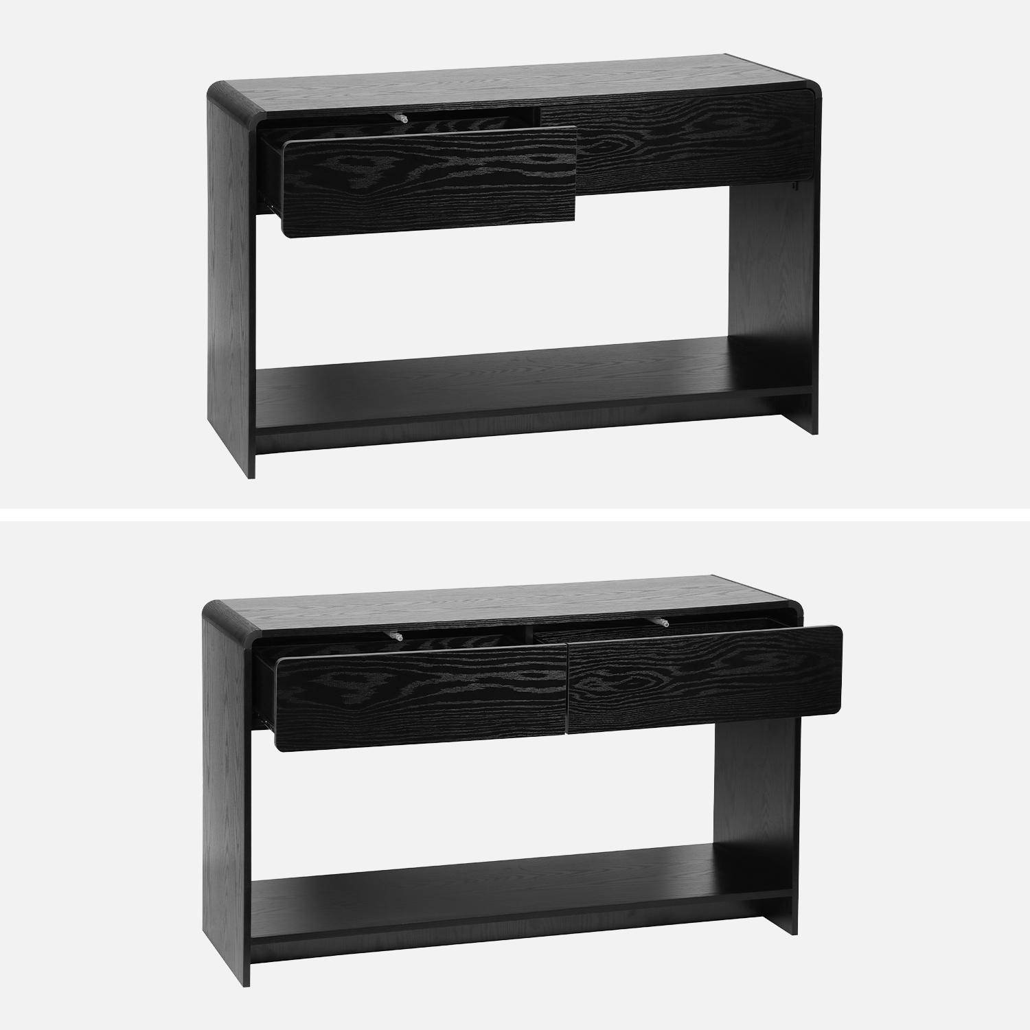 Consolle con 2 cassetti e 1 ripiano, effetto legno arrotondato, Milo, Nero, 120x40x70 cm Photo6