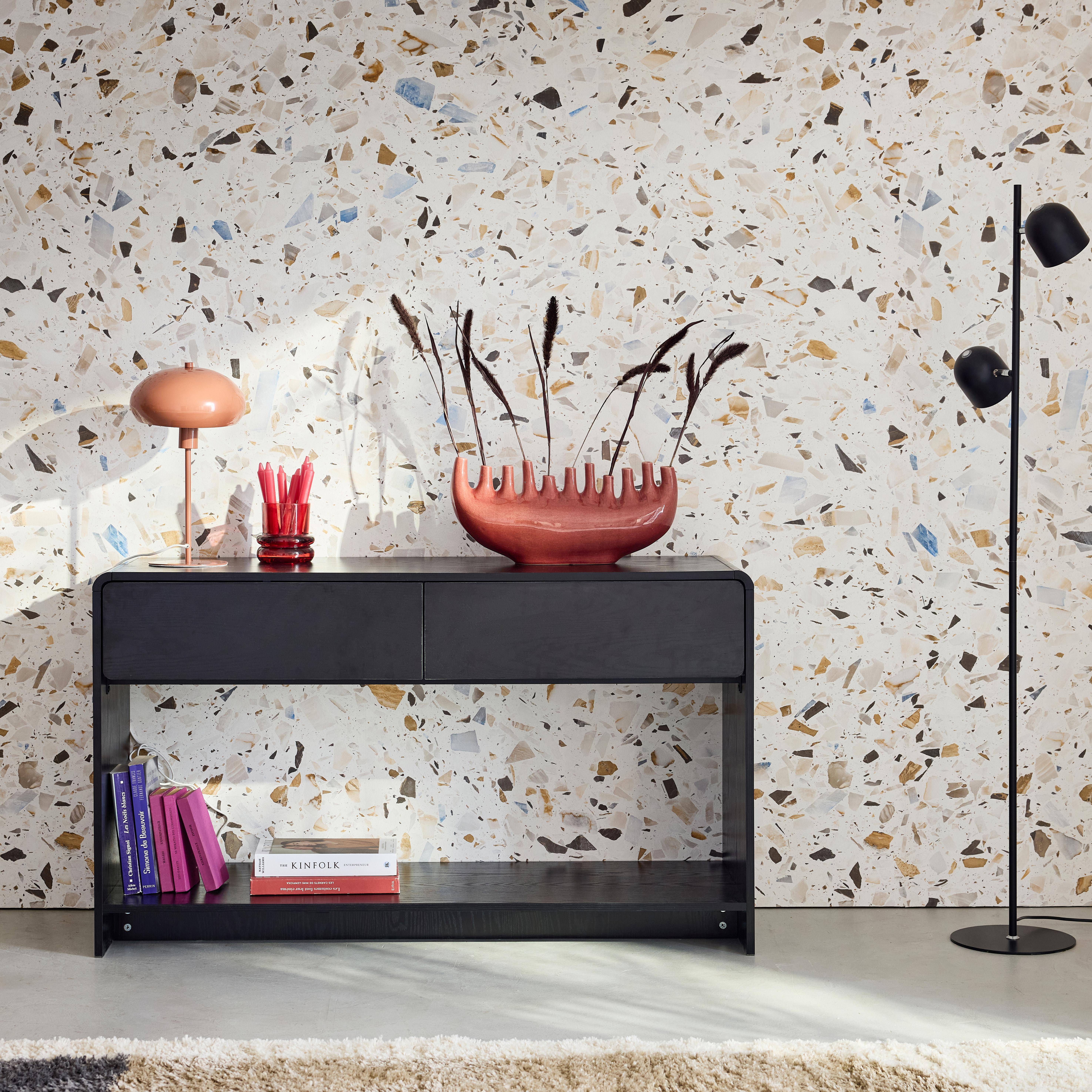Consolle con 2 cassetti e 1 ripiano, effetto legno arrotondato, Milo, Nero, 120x40x70 cm,sweeek,Photo1