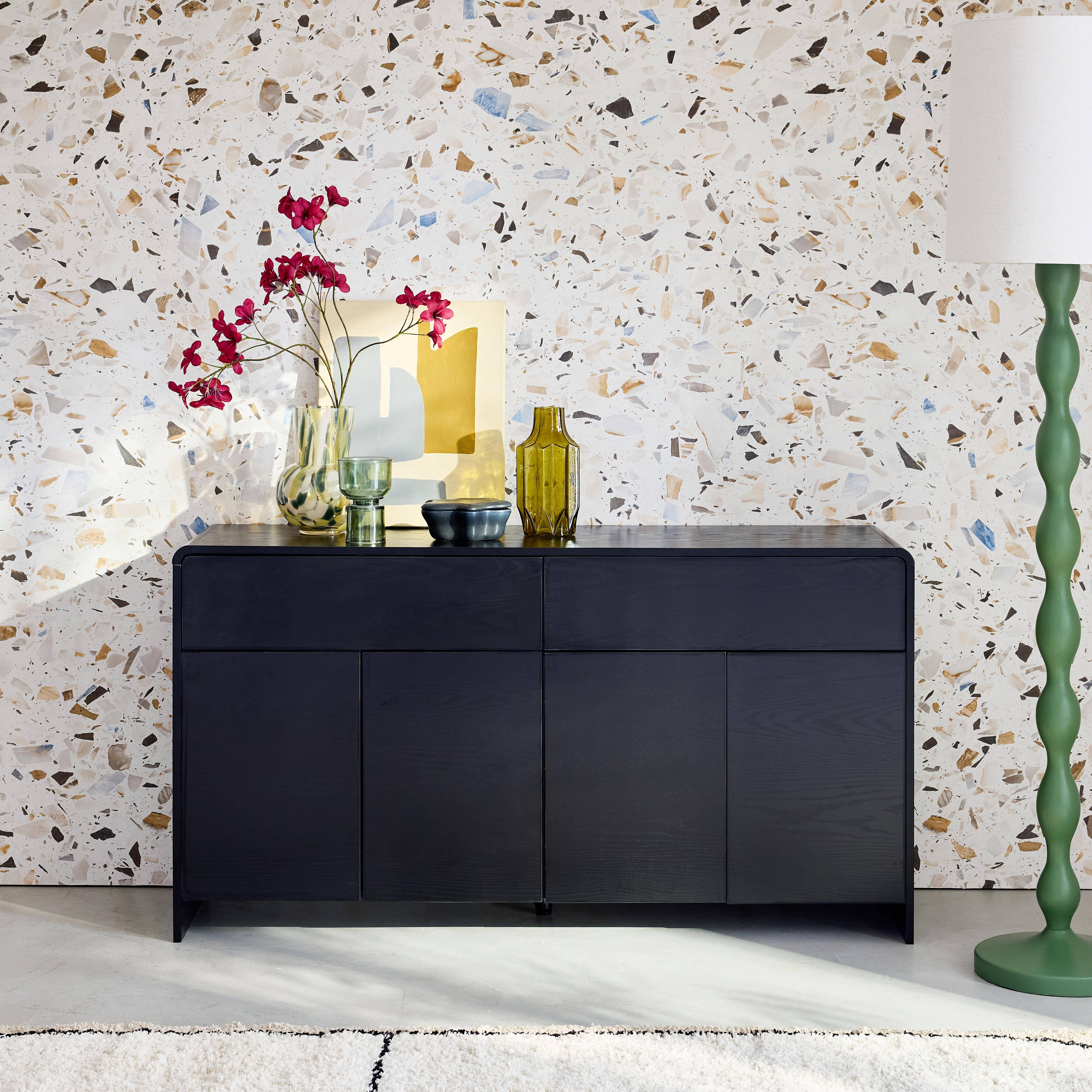 Sideboard mit 2 Schubladen und 4 Türen in schwarzer Holzoptik abgerundet - Milo Photo1