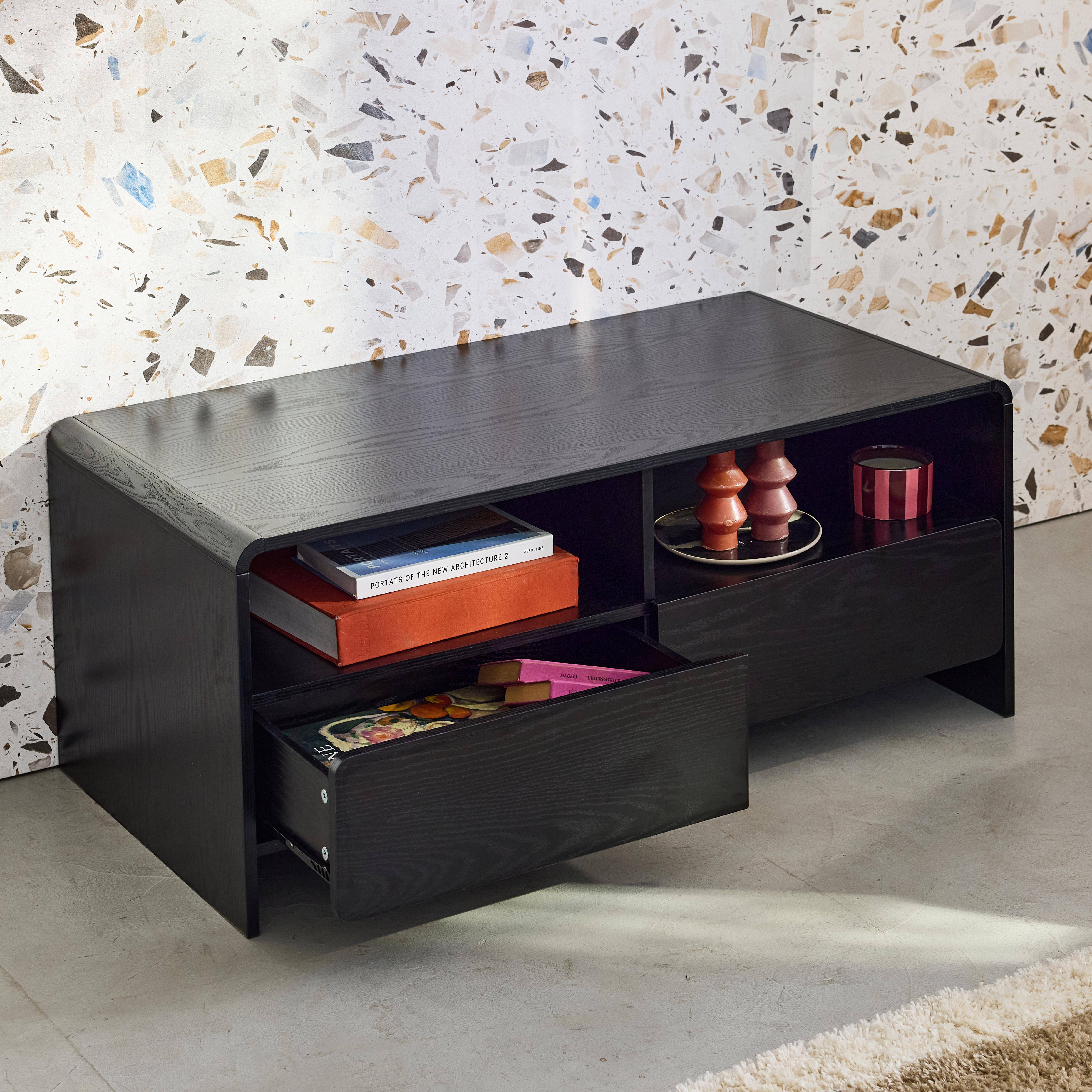 110cm TV unit rounded wood effect 2 drawers , Milo, Black, 110x55x45 cm Photo3