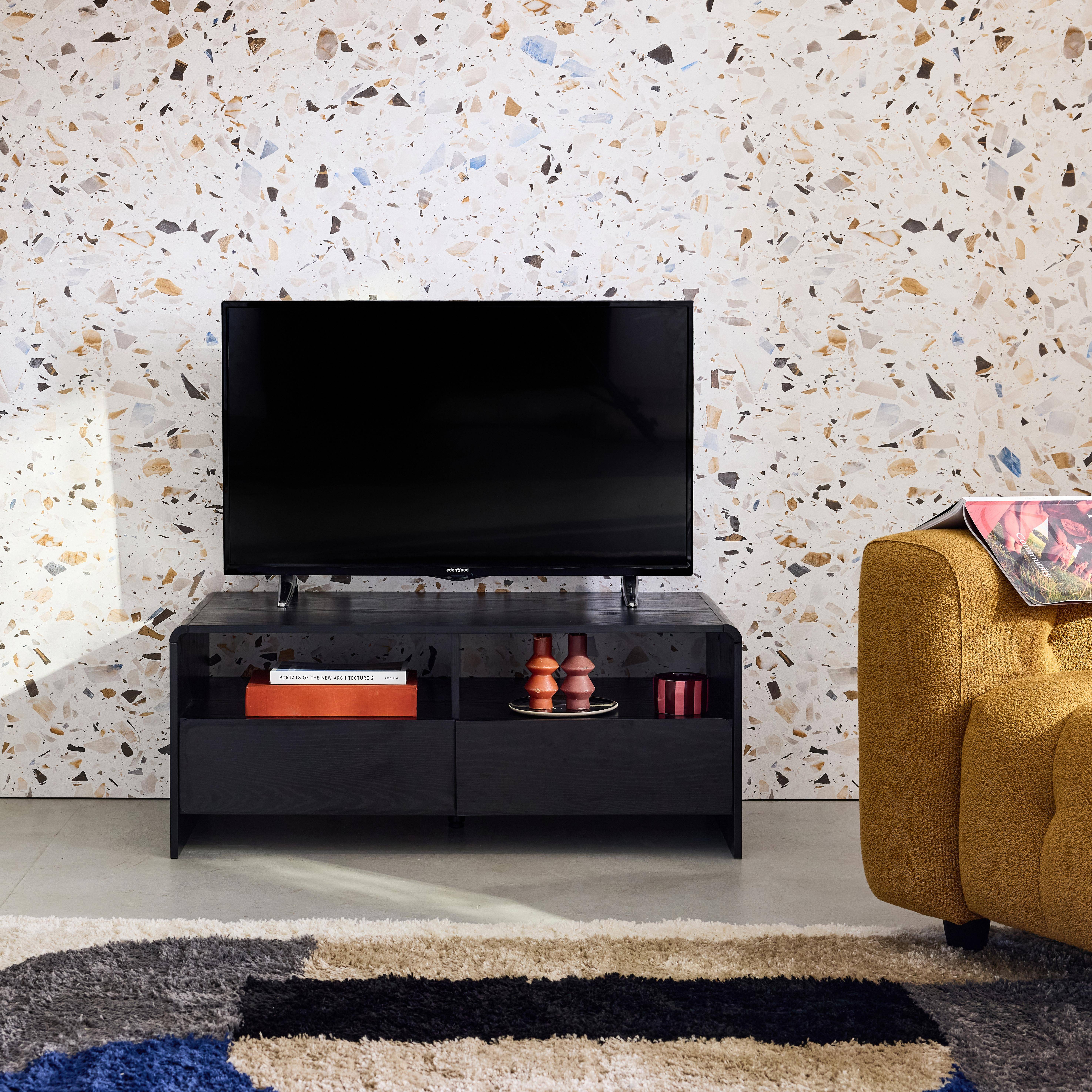 110cm TV unit rounded wood effect 2 drawers , Milo, Black, 110x55x45 cm Photo2