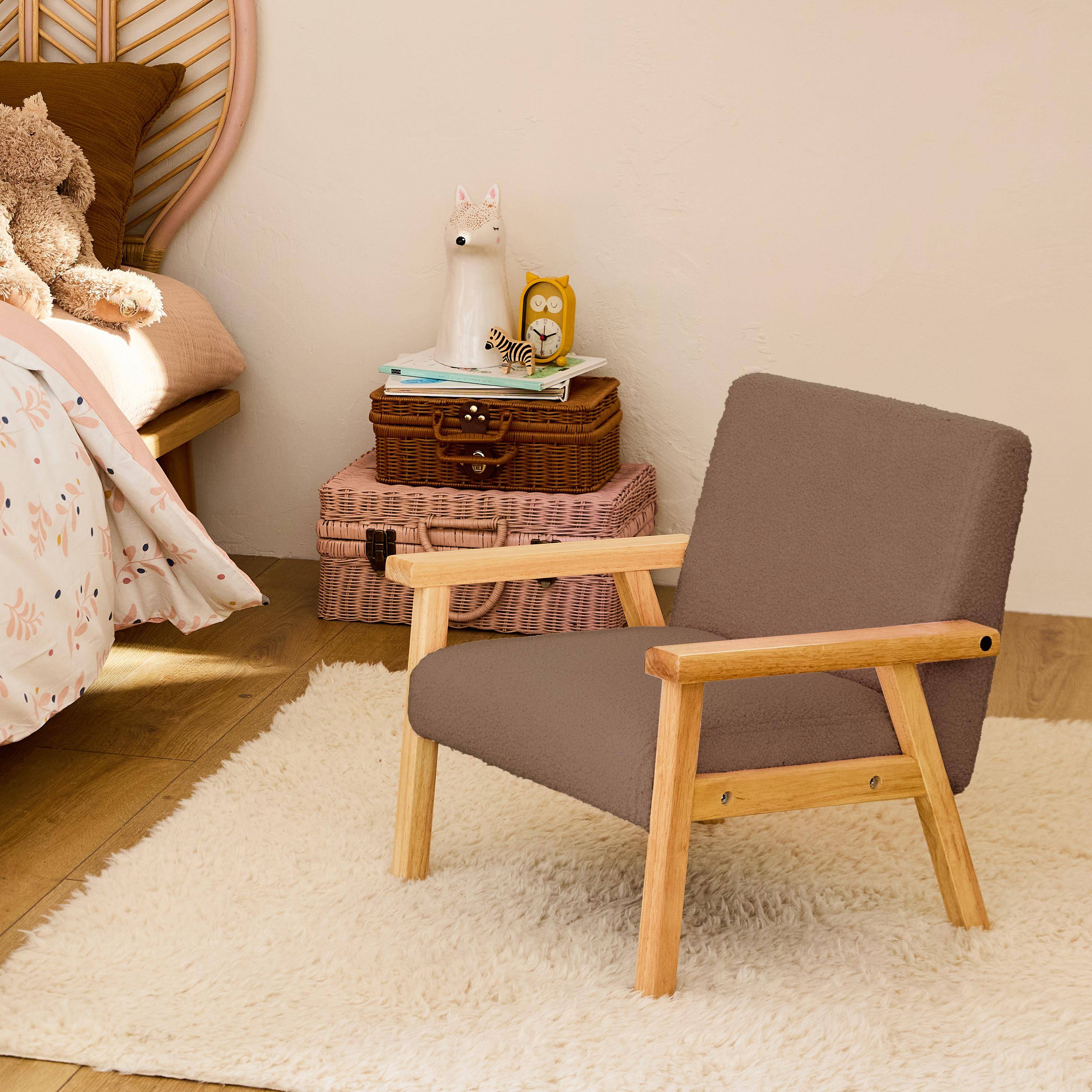 Kinderfauteuil in hout en taupe boucléstof, Isak, B 47 x D 43,5 x H 50cm Photo1