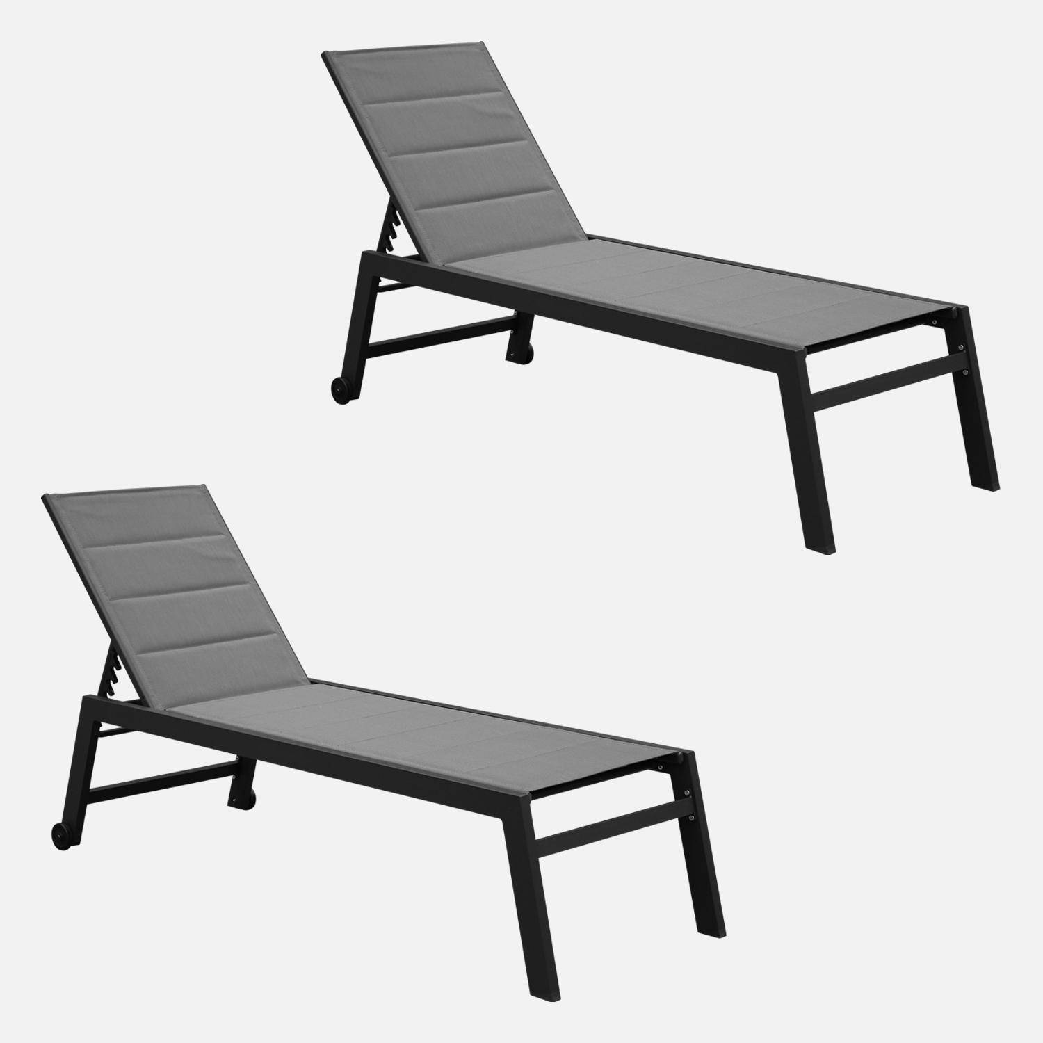Lot de 2 bains de soleil Solis en textilène matelassé, transats 6 positions, structure gris anthracite, textilène gris,sweeek,Photo3