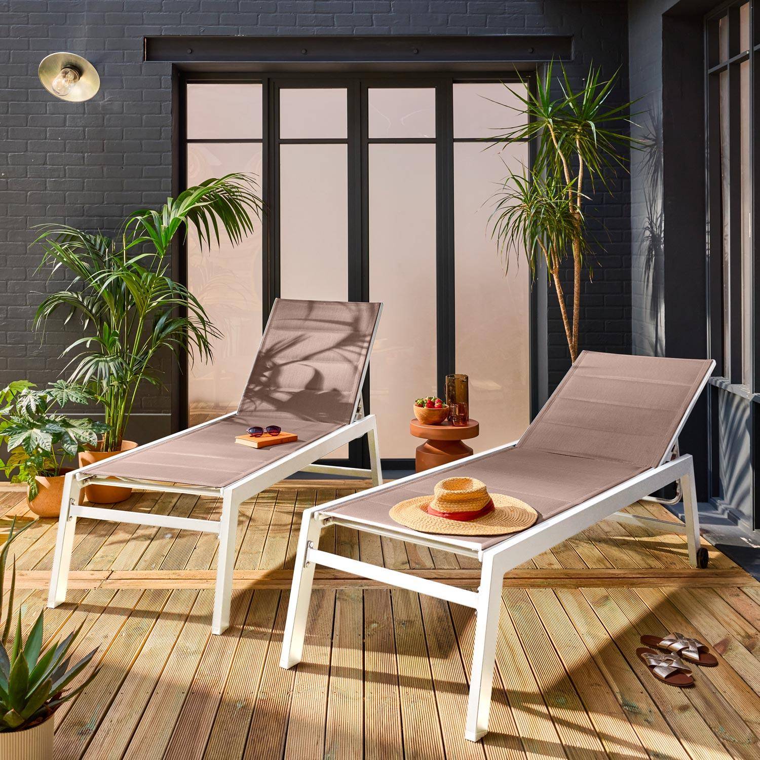 Pair of textilene and aluminium sun loungers, Solis x2, White, 202x65x43 cm Photo2