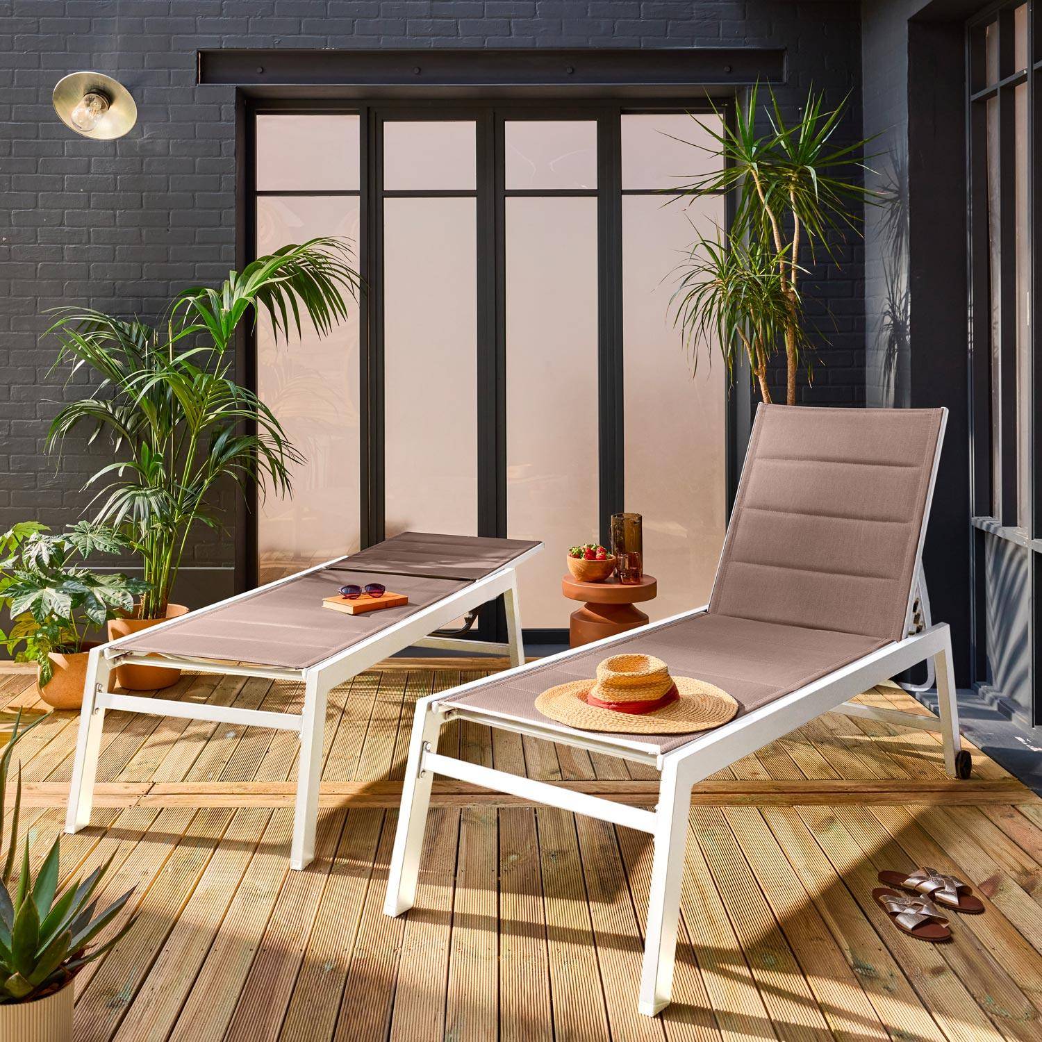 Pair of textilene and aluminium sun loungers, Solis x2, White, 202x65x43 cm Photo1