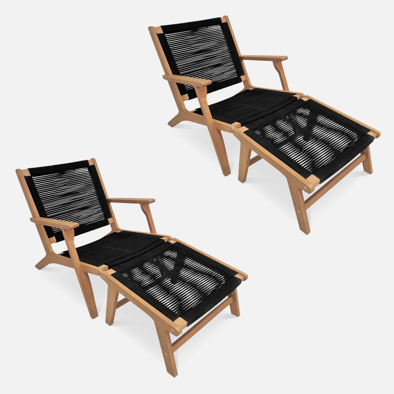 Cadeira de jardim em madeira e corda com apoio para os pés, set de 2, Preto