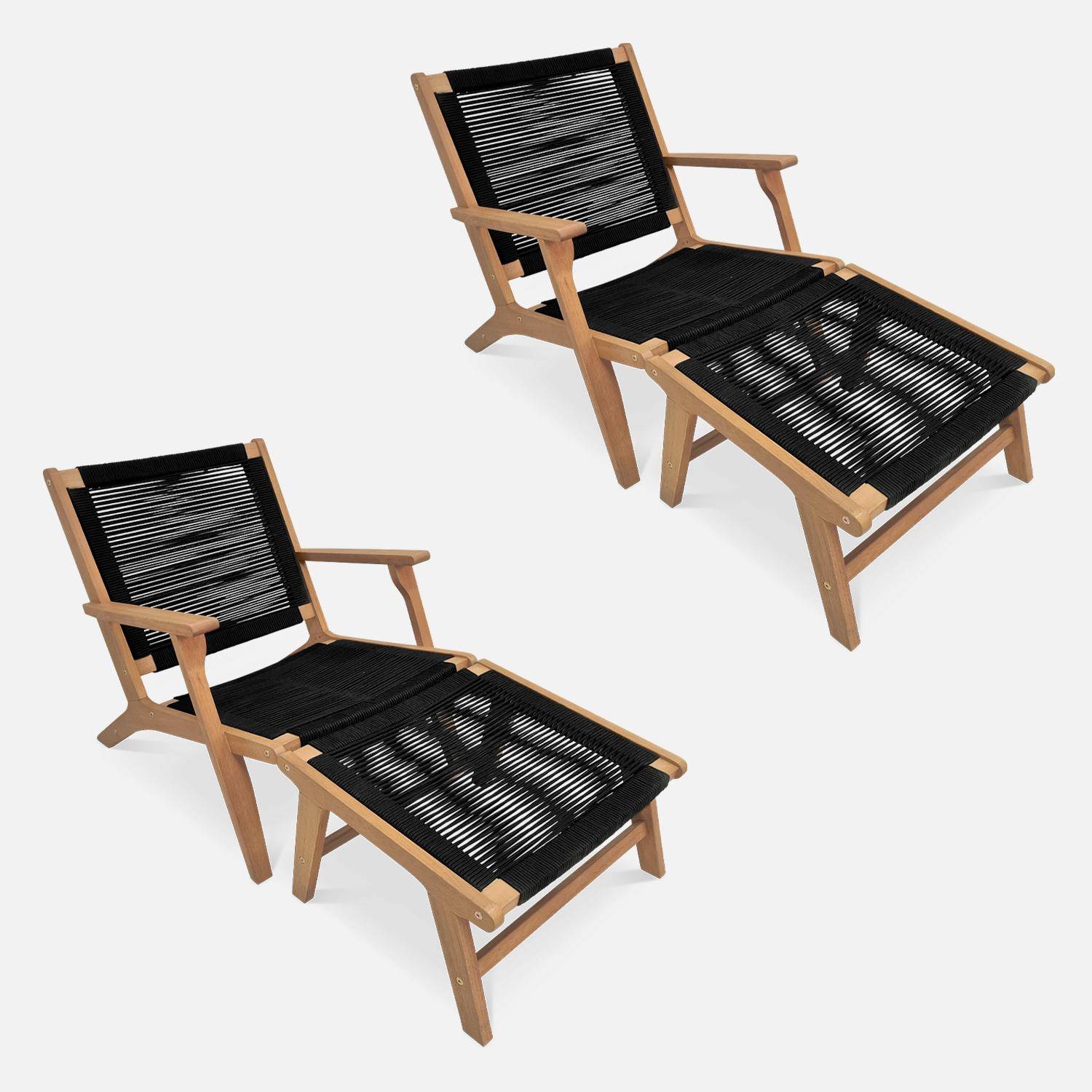 Lot de 2 fauteuils relax noirs en eucalyptus, corde, avec repose-pieds  Photo3