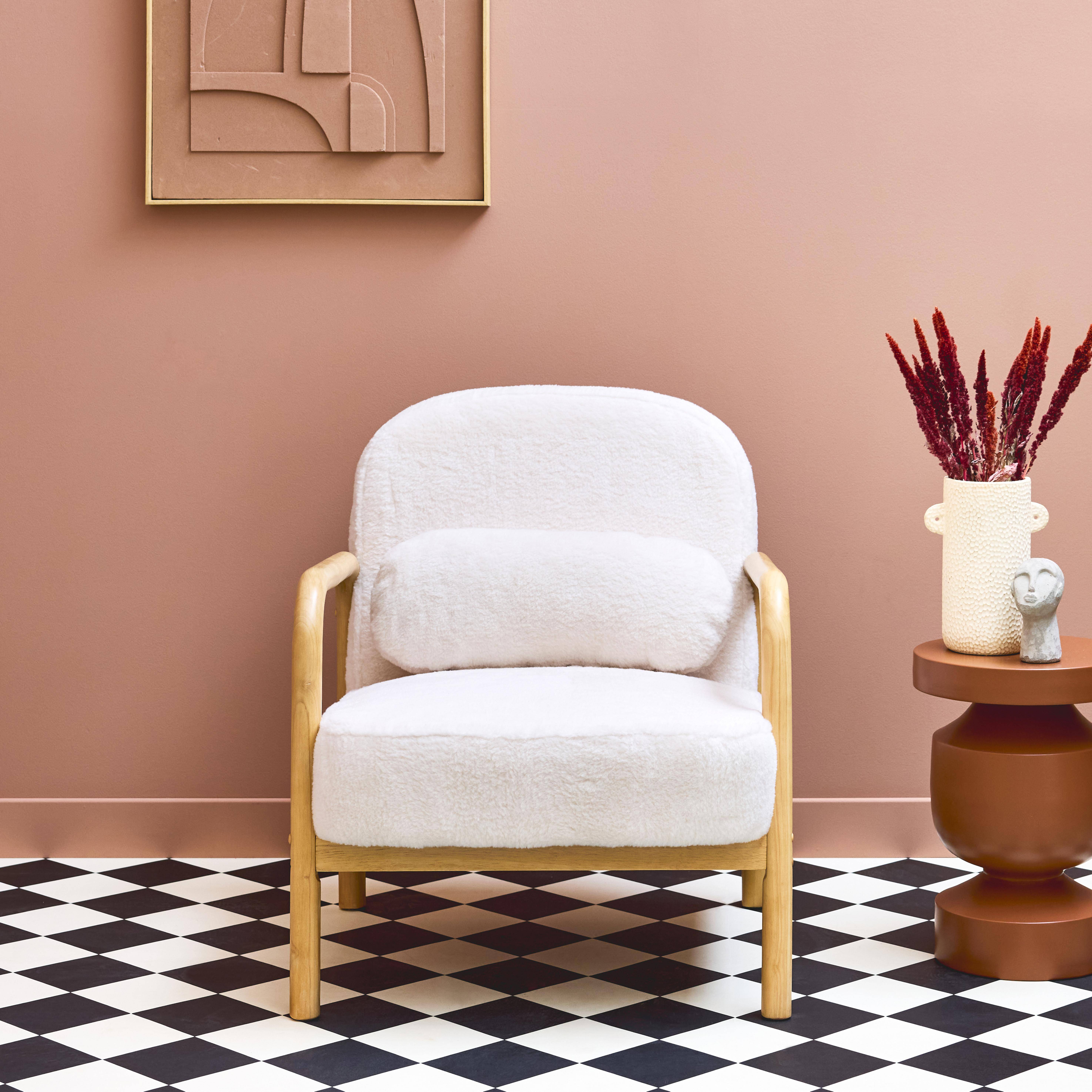 Poltrona scandinava arrotondata in legno di hevea, Amelie pelliccia, Crema, 66x82x77 cm Photo2
