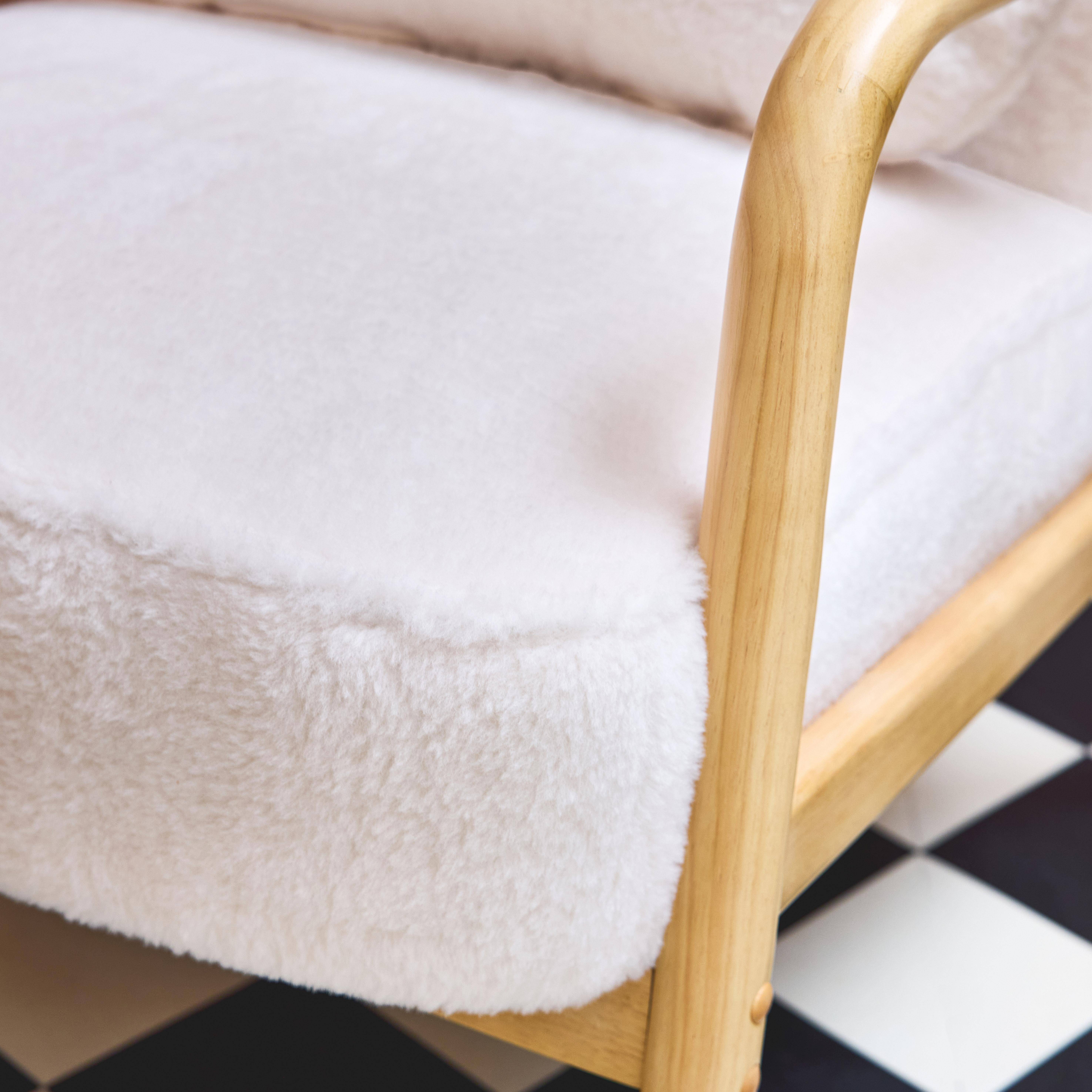Poltrona scandinava arrotondata in legno di hevea, Amelie pelliccia, Crema, 66x82x77 cm Photo3