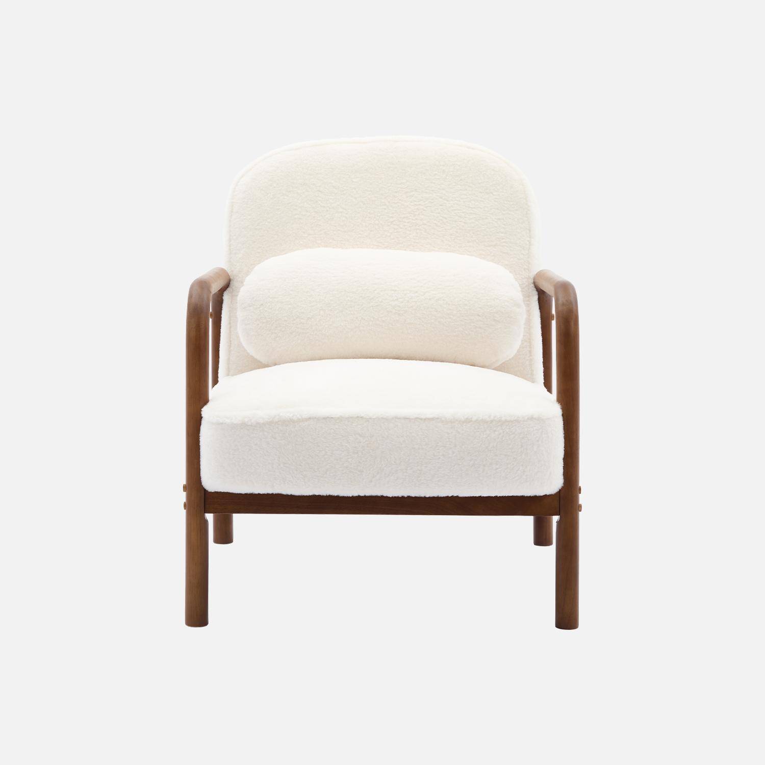 Fauteuil scandinave bois d'hévéa teinté noyer clair et tissu fausse fourrure Photo2