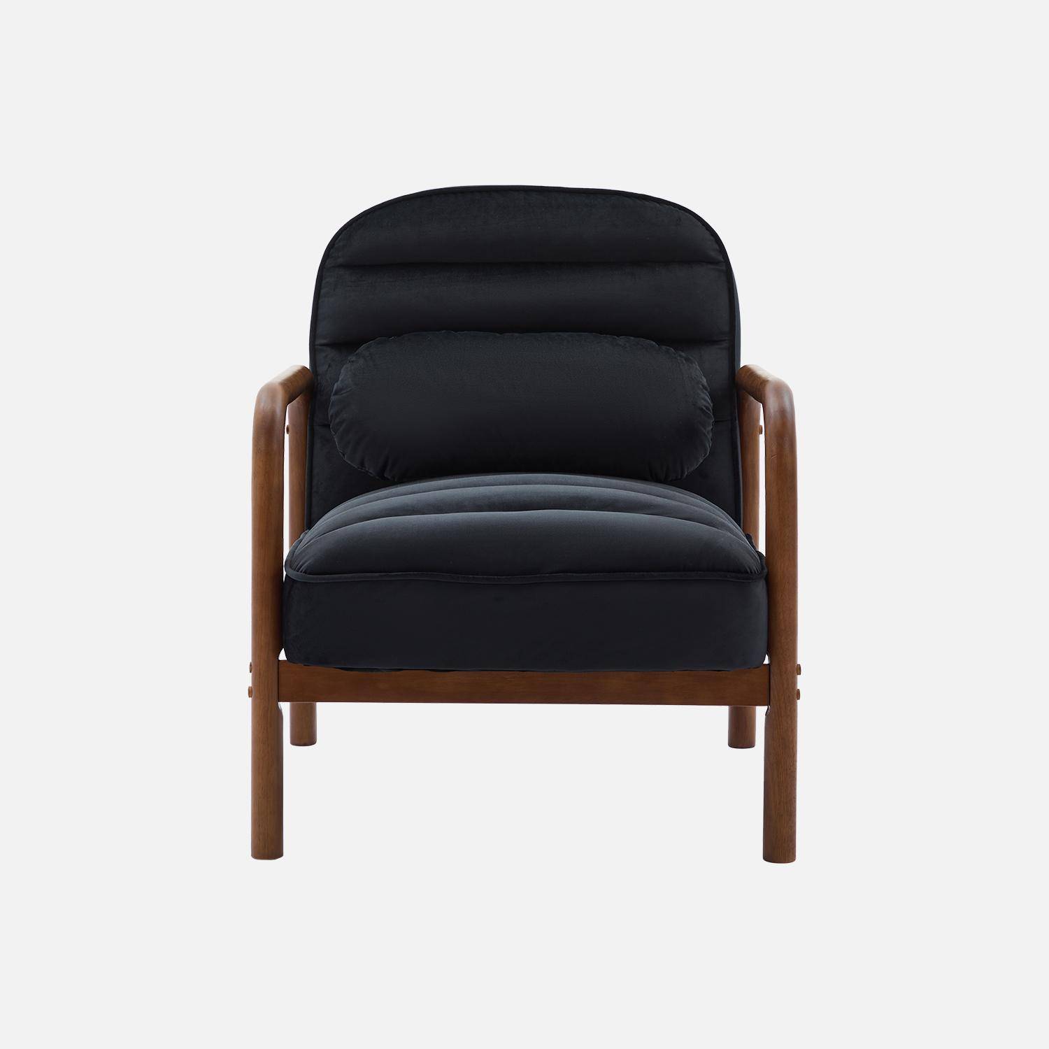 Fauteuil scandinave bois d'hévéa teinté noyer et tissu velours noir Photo2