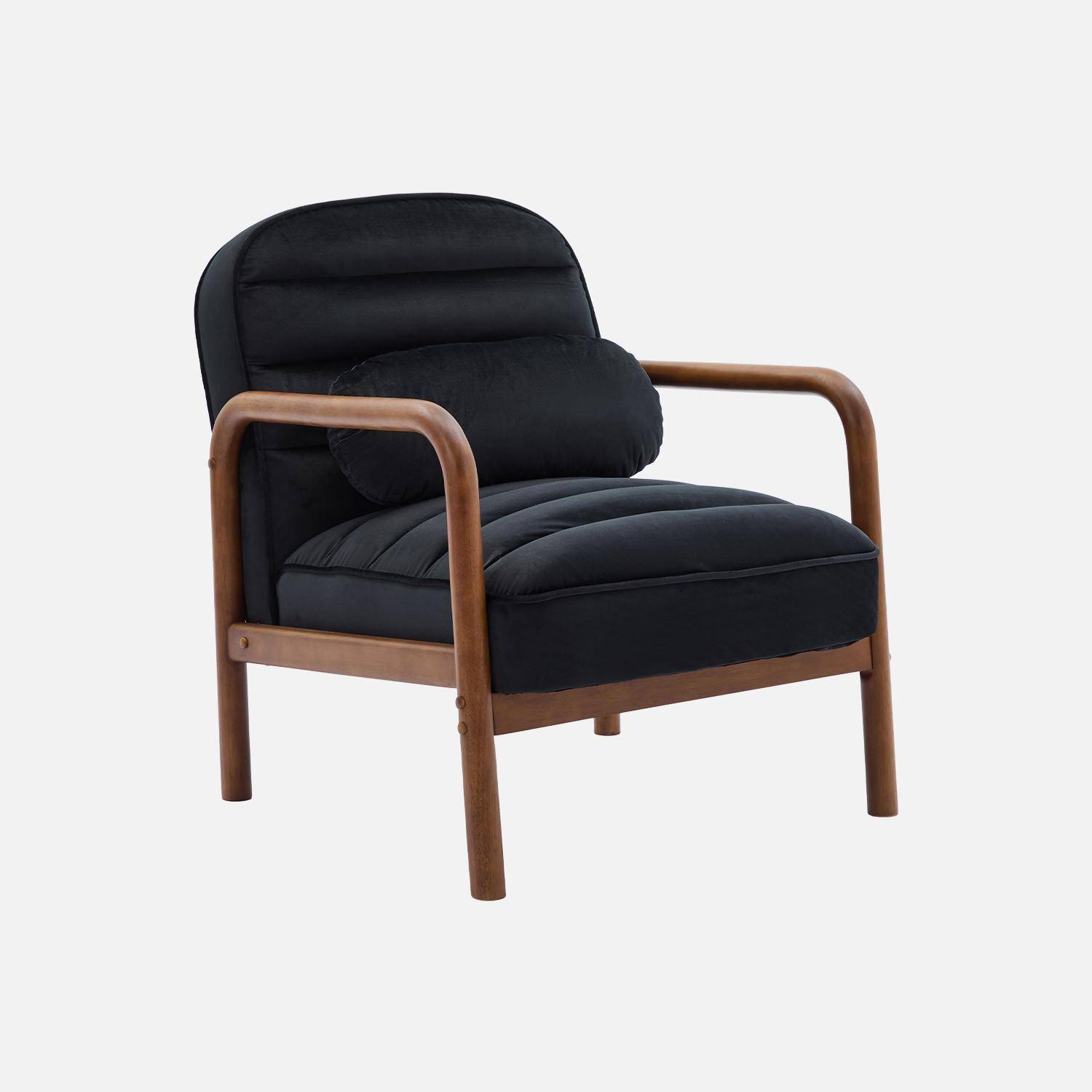 Fauteuil scandinave bois d'hévéa teinté noyer et tissu velours noir Photo1