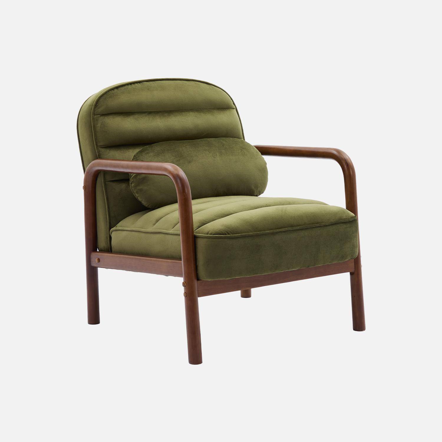 Fauteuil scandinave bois d'hévéa teinté noyer et tissu velours kaki,sweeek,Photo1