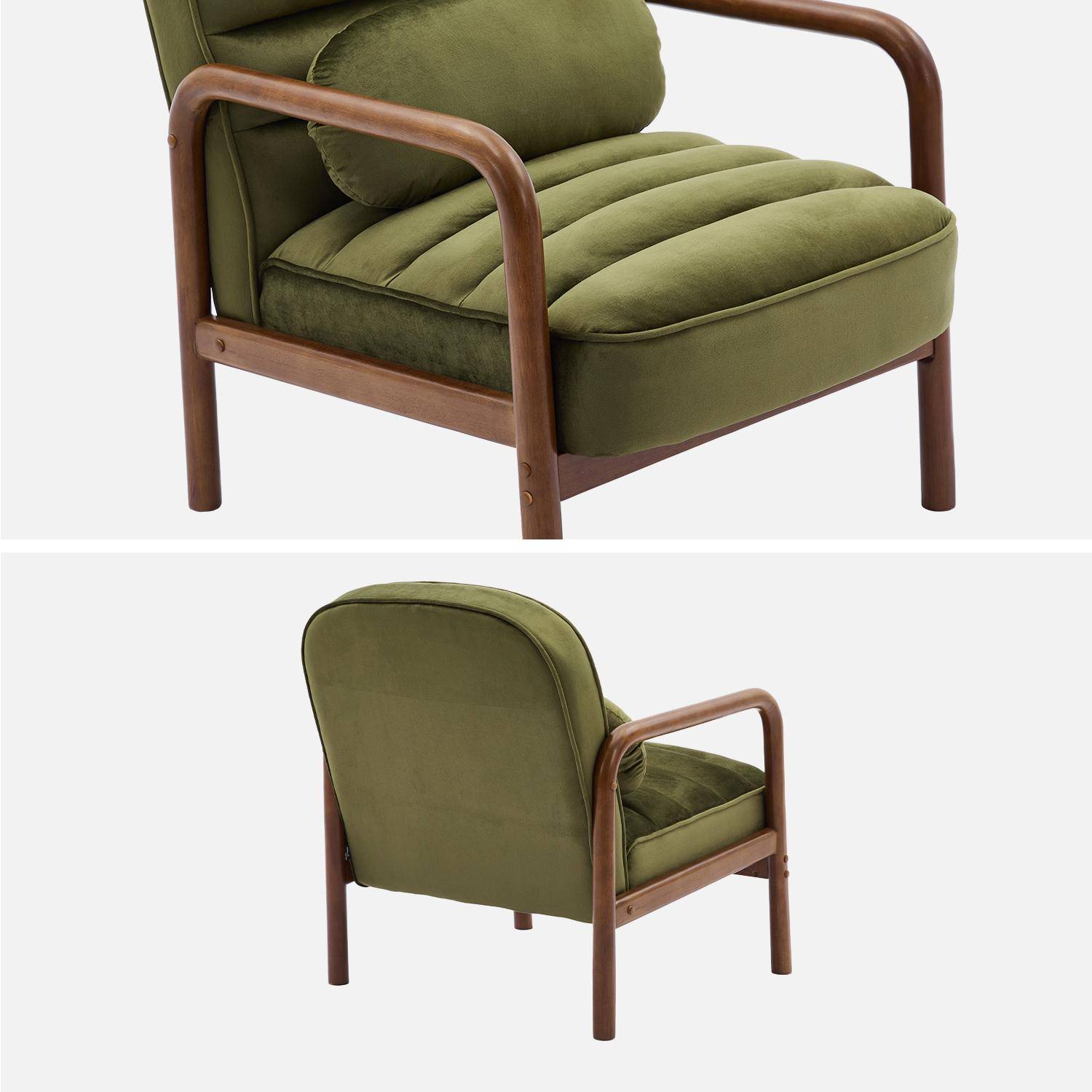 Fauteuil scandinave bois d'hévéa teinté noyer et tissu velours kaki Photo3