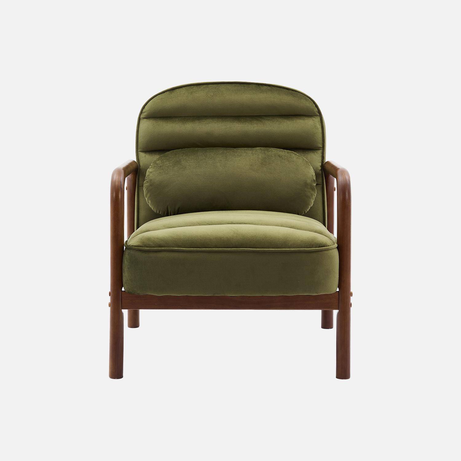 Fauteuil scandinave bois d'hévéa teinté noyer et tissu velours kaki Photo2