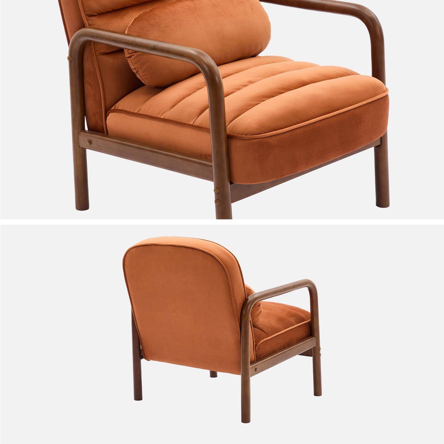 Fauteuil scandinave bois d'hévéa teinté noyer et tissu velours terracotta Photo3