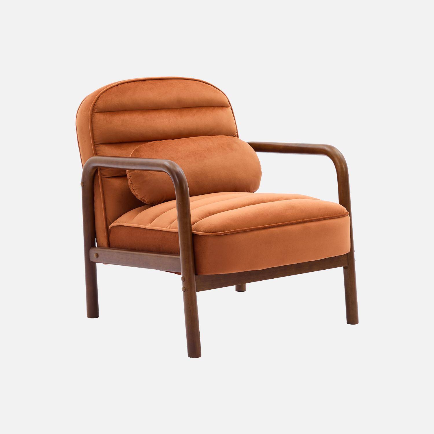 Scandinavische fauteuil in met walnoot gebeitst heveahout en terracotta fluwelen stof Photo1