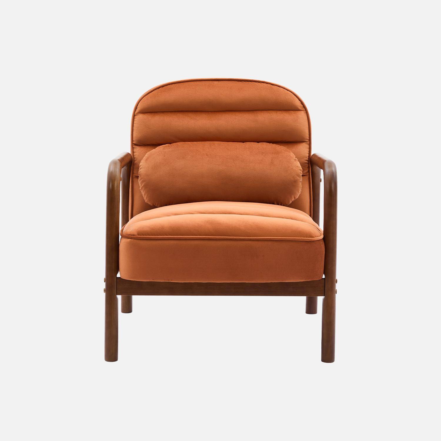 Scandinavische fauteuil in met walnoot gebeitst heveahout en terracotta fluwelen stof Photo2