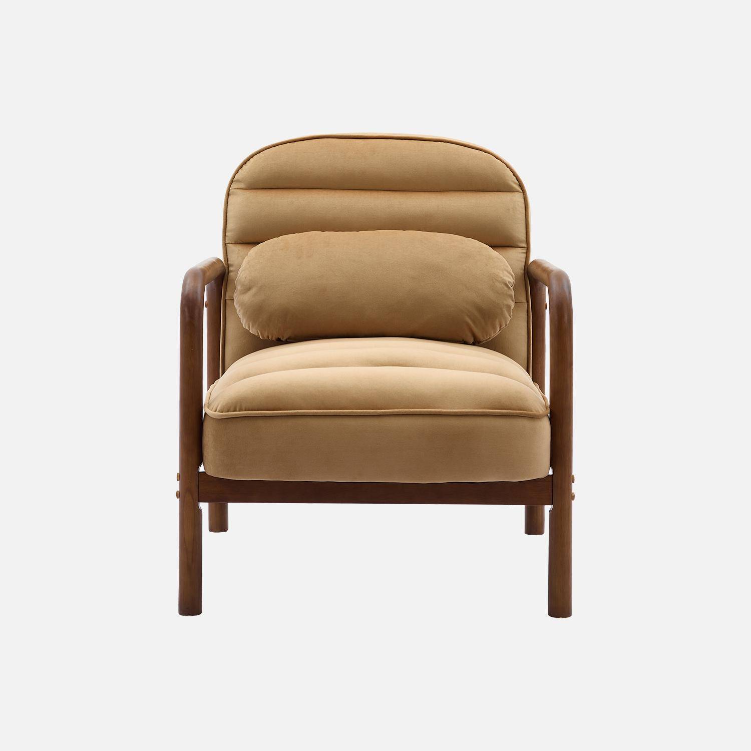 Fauteuil scandinave bois d'hévéa teinté noyer et tissu velours camel Photo4