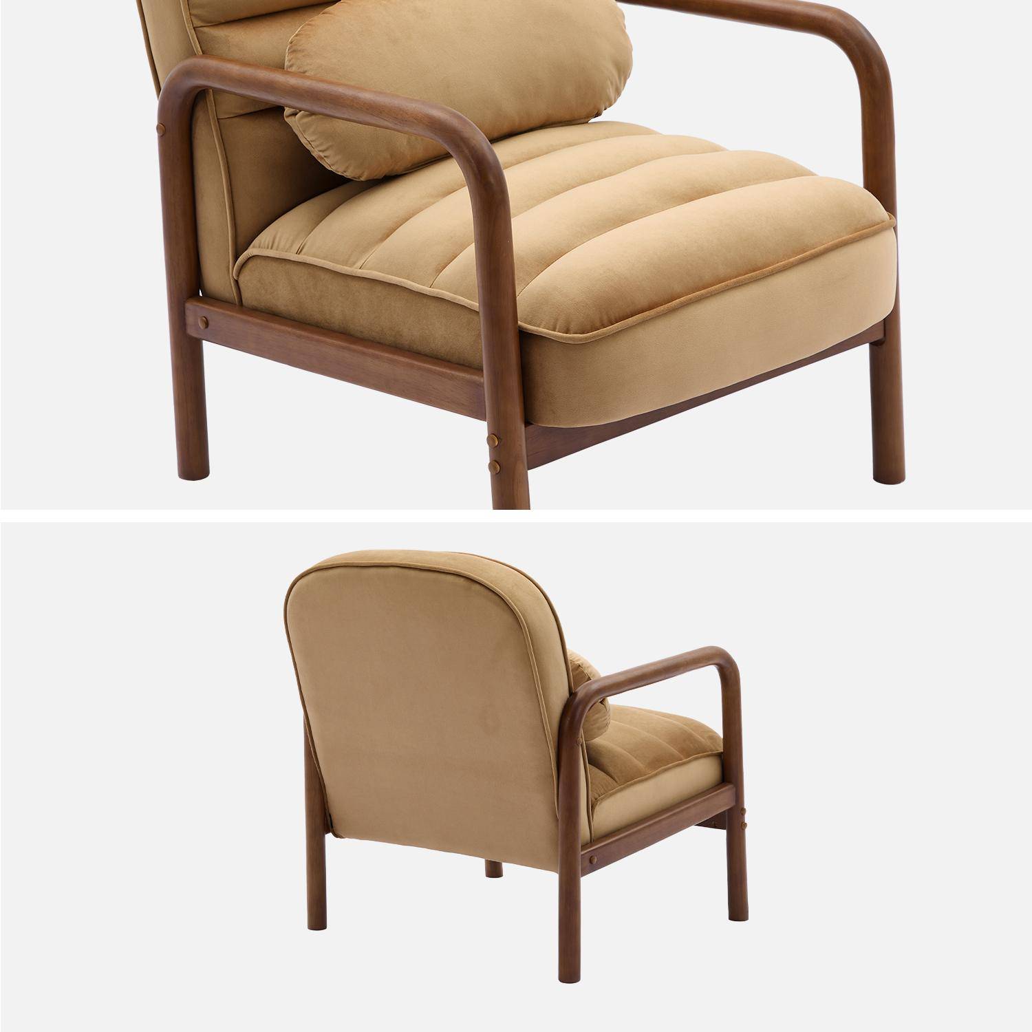 Fauteuil scandinave bois d'hévéa teinté noyer et tissu velours camel Photo5