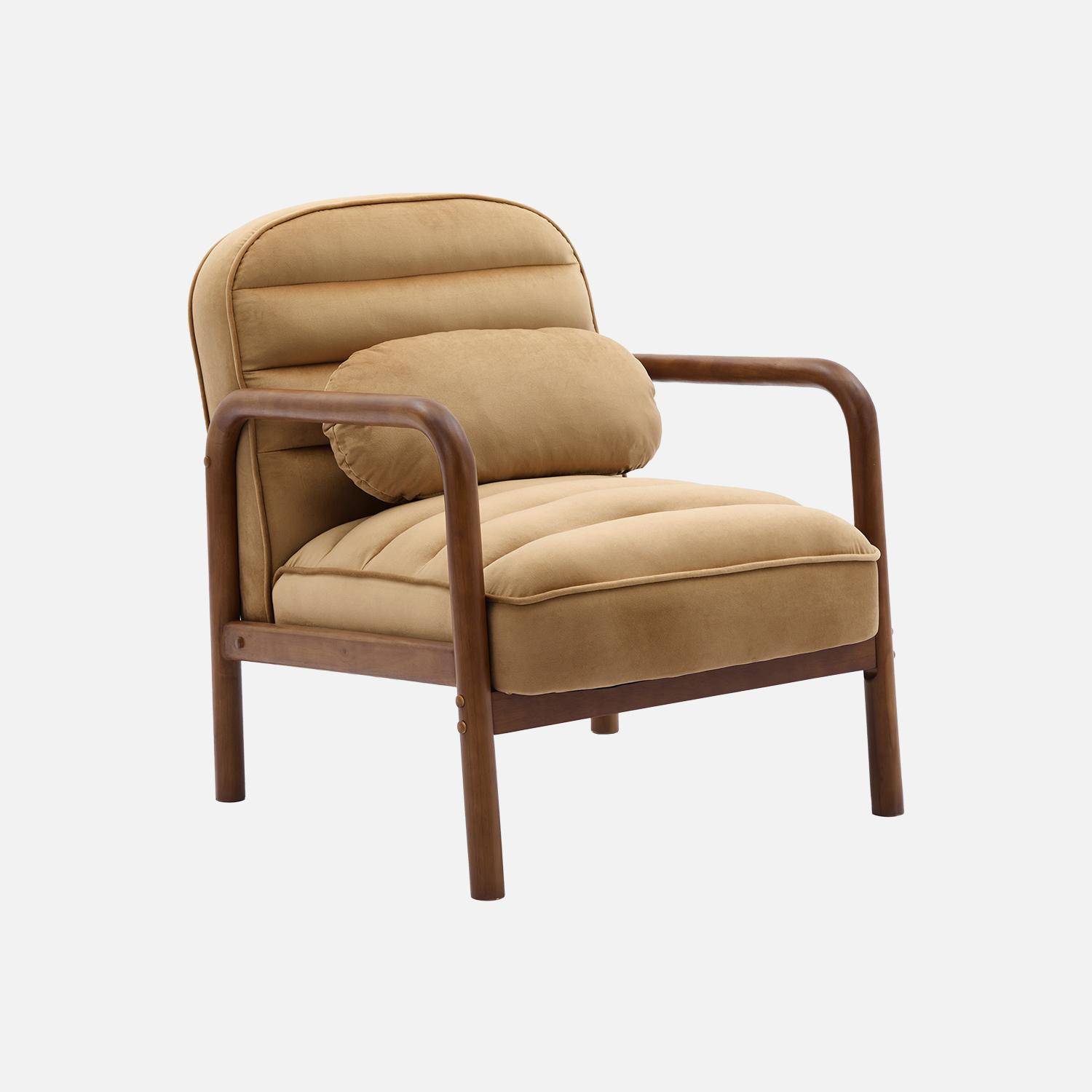 Fauteuil scandinave bois d'hévéa teinté noyer et tissu velours camel Photo3