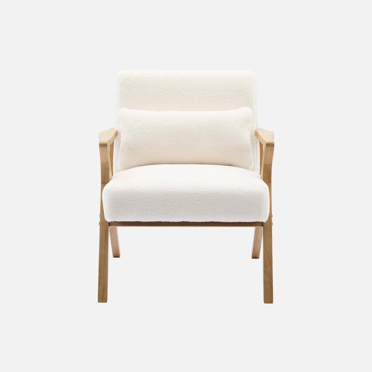 Fauteuil scandinave bois d'hévéa et tissu effet fausse fourrure blanc crème  Photo2