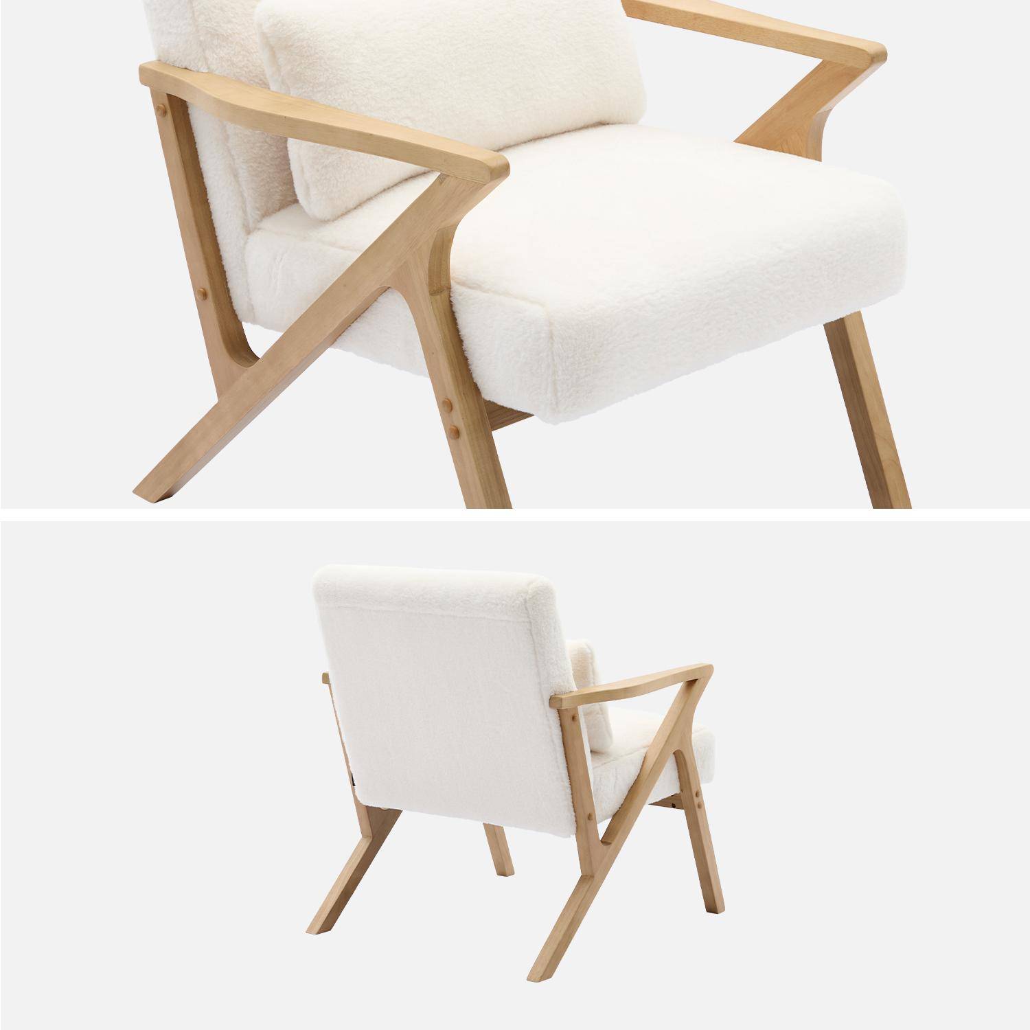 Fauteuil scandinave bois d'hévéa et tissu effet fausse fourrure blanc crème  Photo3