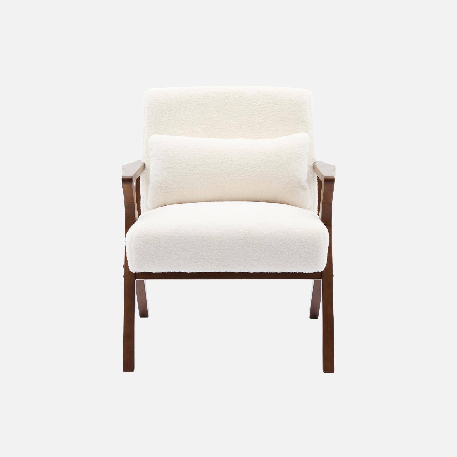 Fauteuil scandinave bois d'hévéa teinté noyer et tissu effet fausse fourrure  Photo2