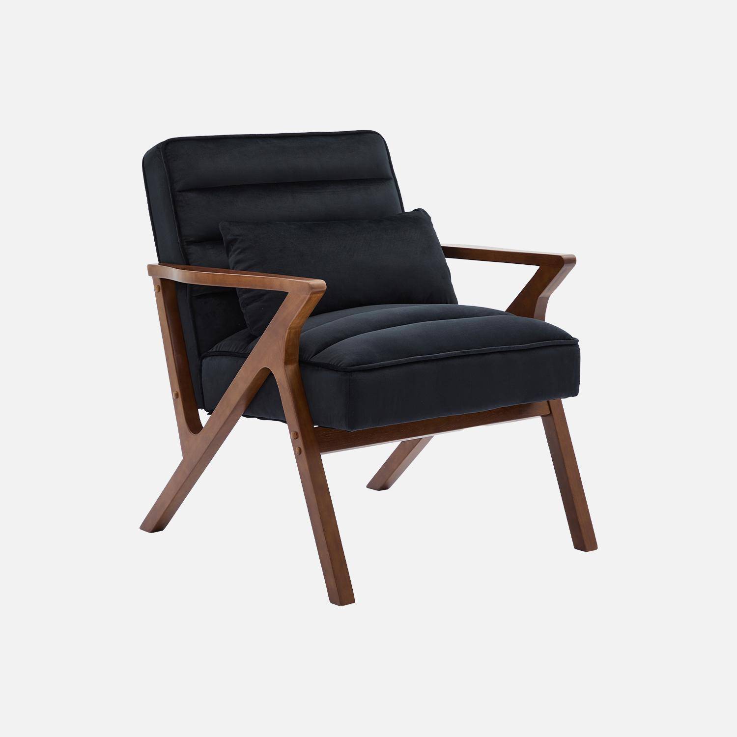 Fauteuil scandinave bois d'hévéa et velours noir Photo1