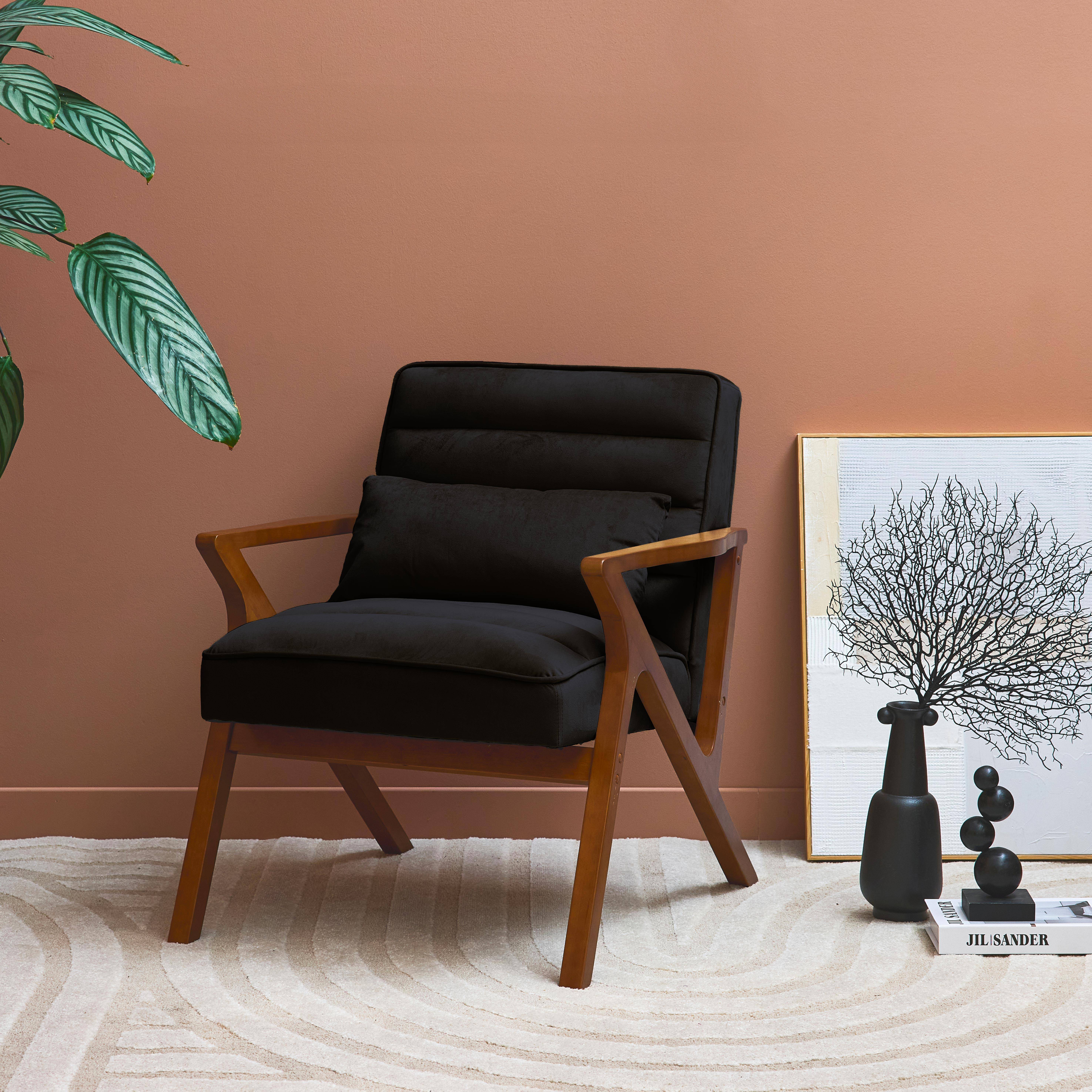 Fauteuil scandinave bois d'hévéa et velours noir Photo2