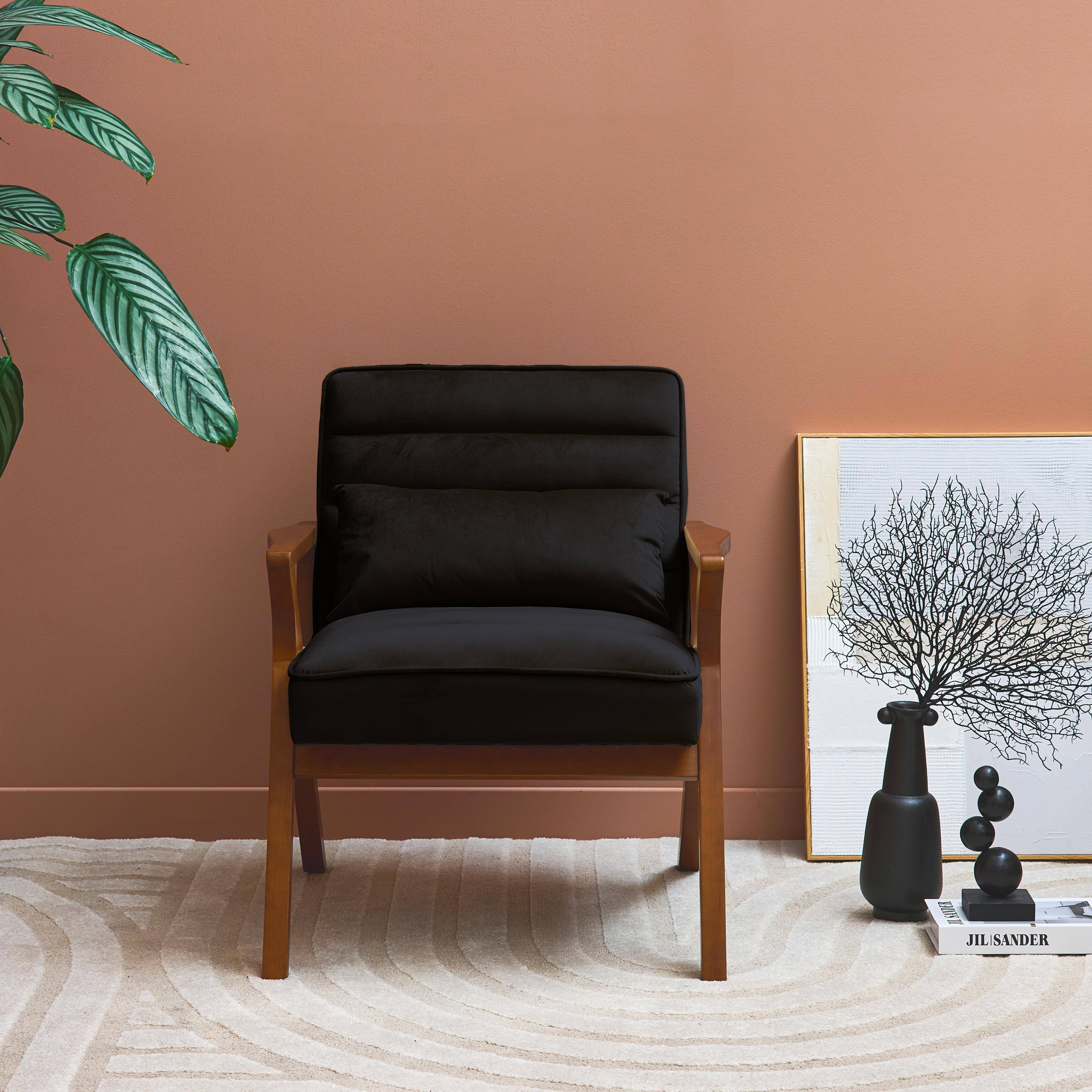 Fauteuil scandinave bois d'hévéa et velours noir Photo1