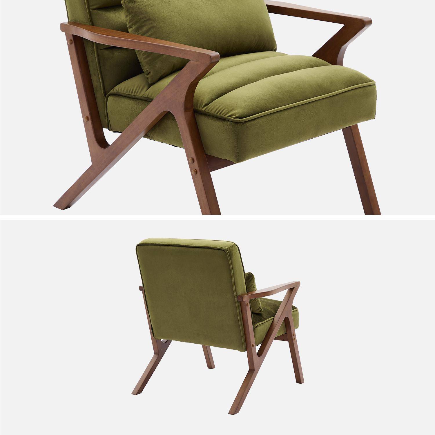 Fauteuil scandinave bois d'hévéa et velours kaki Photo3