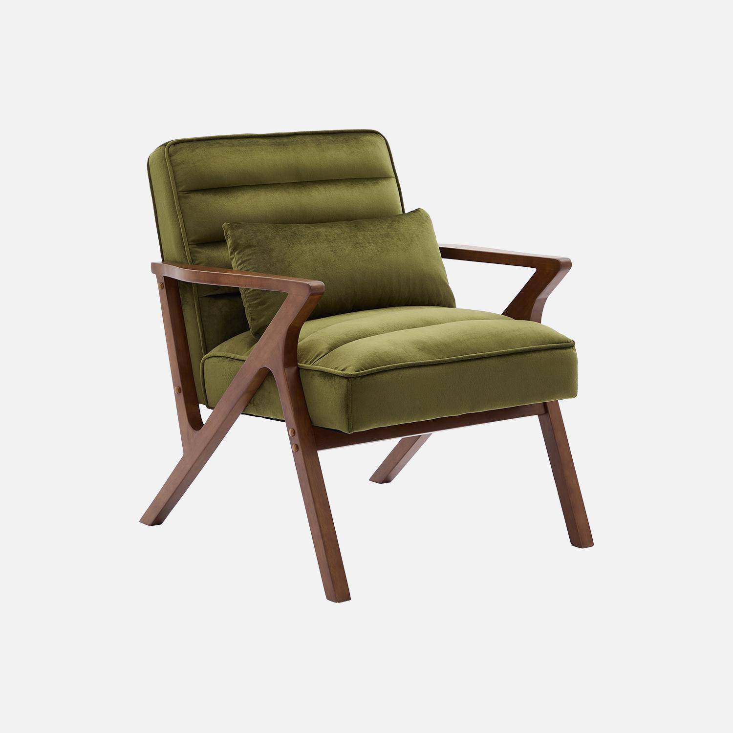 Fauteuil scandinave bois d'hévéa et velours kaki Photo1