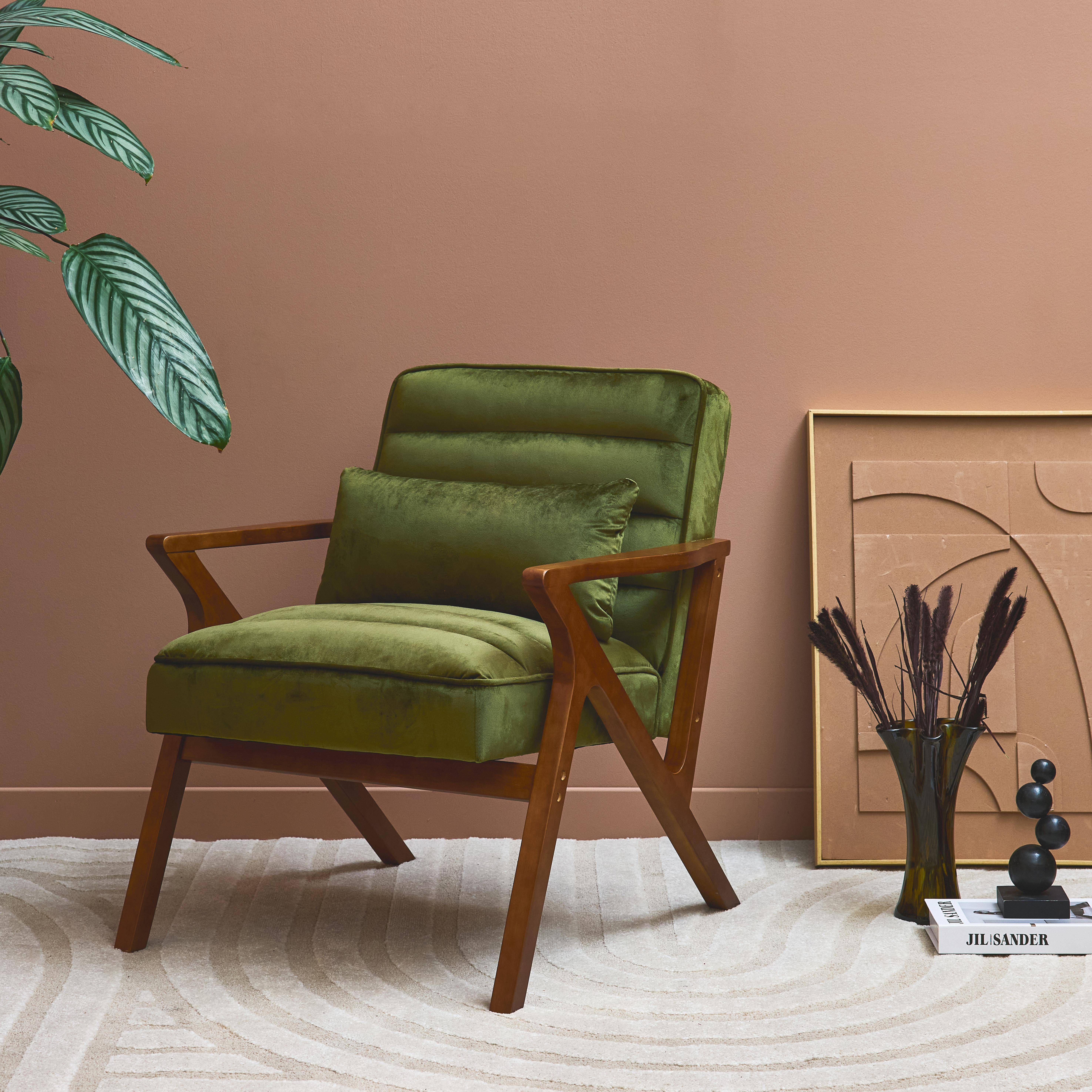 Fauteuil scandinave bois d'hévéa et velours kaki Photo2