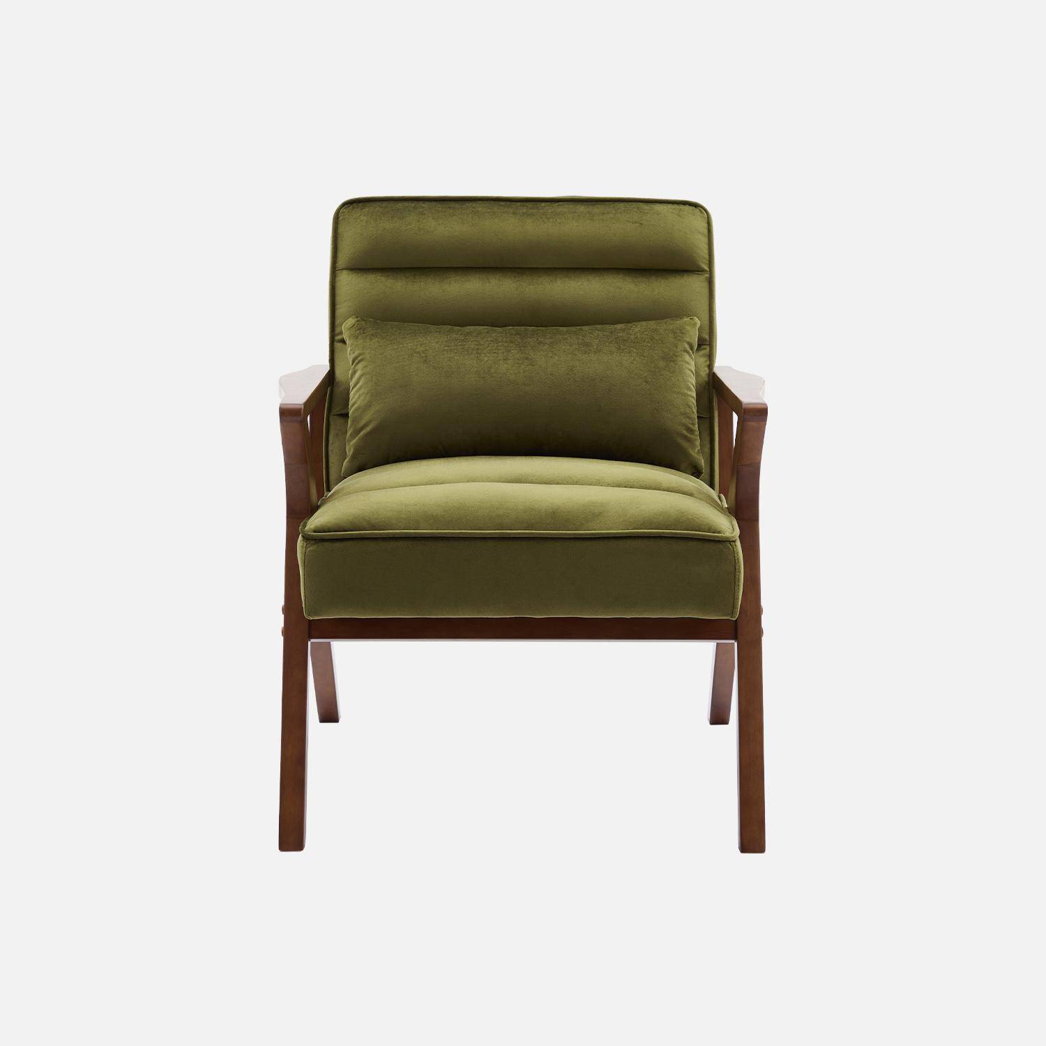 Fauteuil scandinave bois d'hévéa et velours kaki Photo2