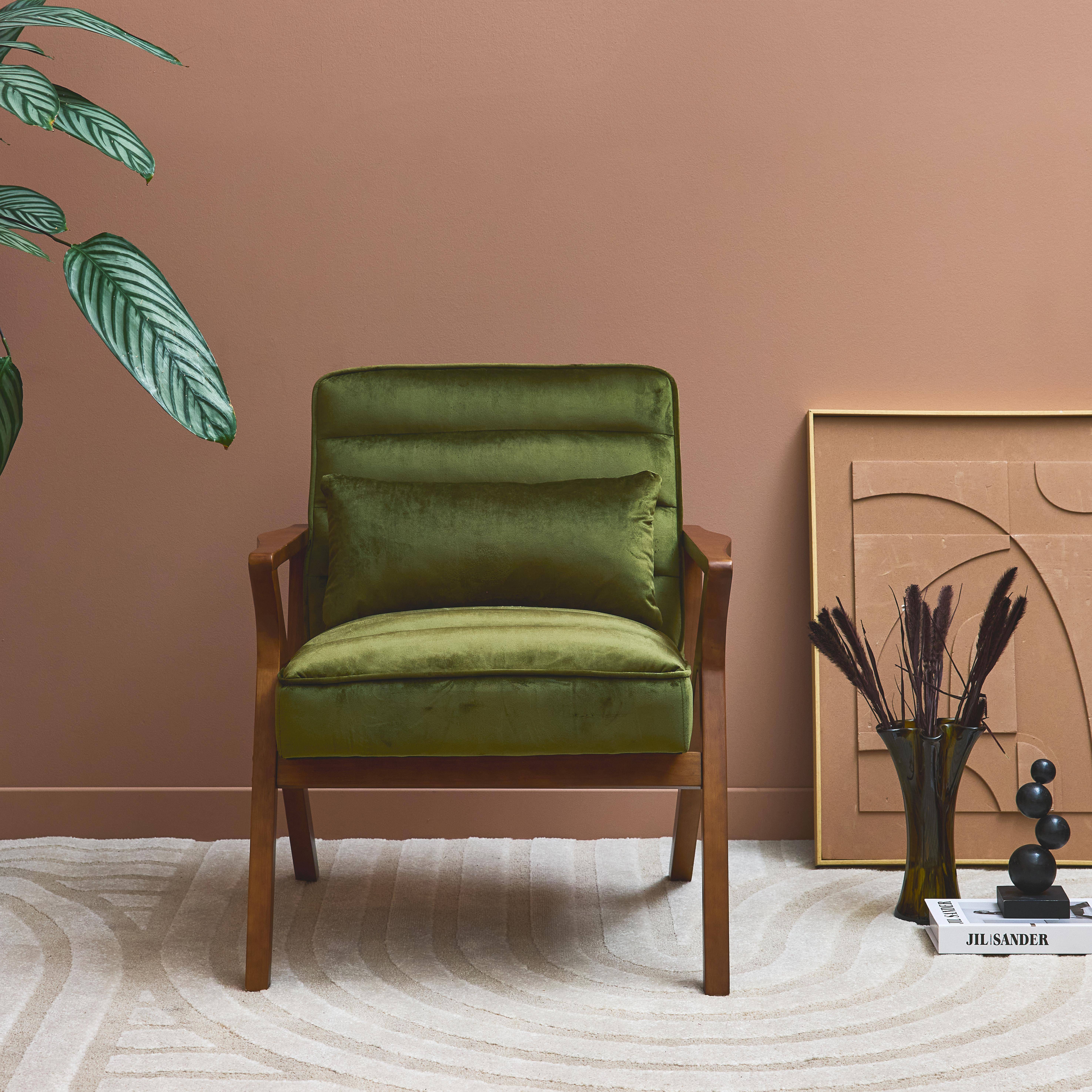Fauteuil scandinave bois d'hévéa et velours kaki Photo1