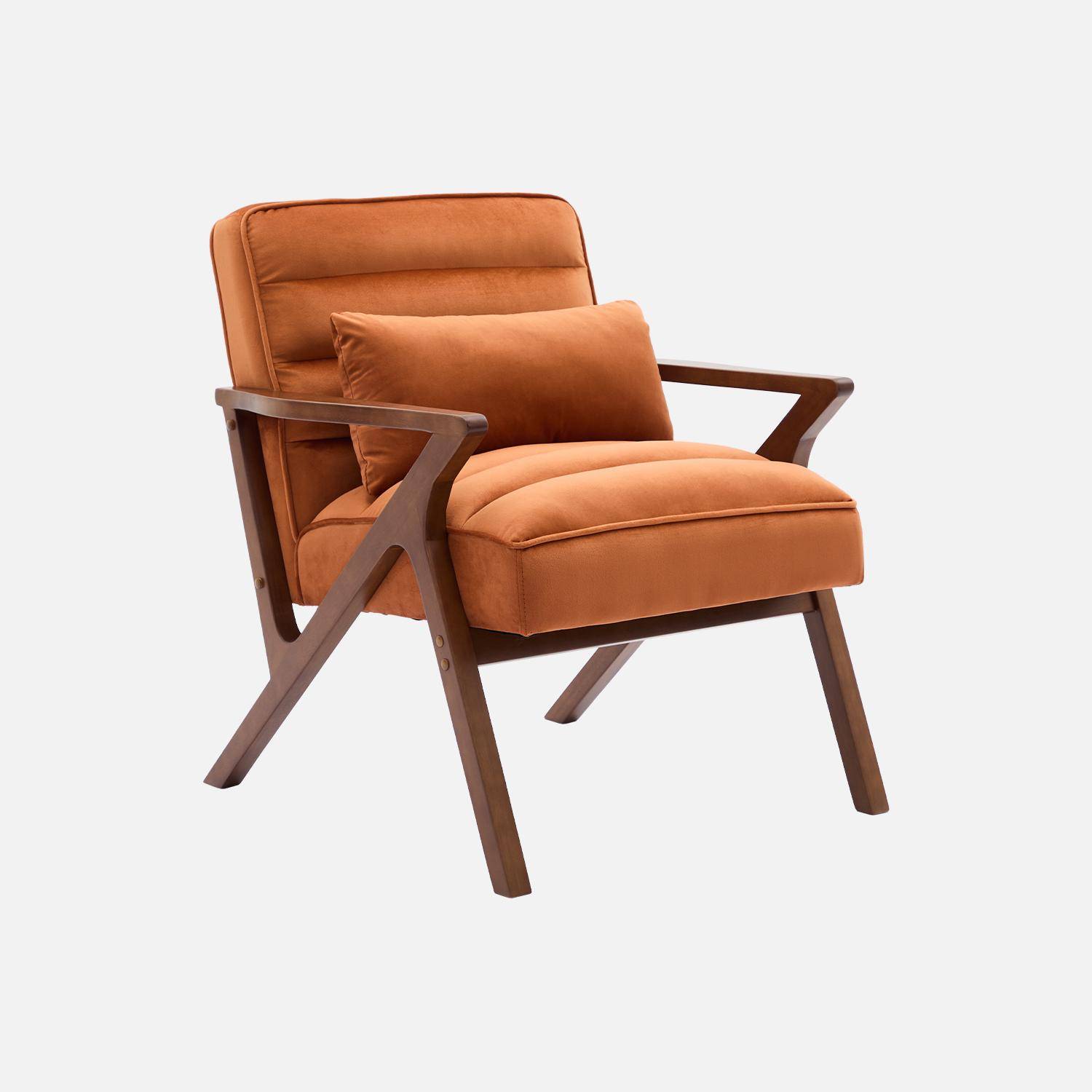 Fauteuil scandinave bois d'hévéa et velours terracotta Photo1