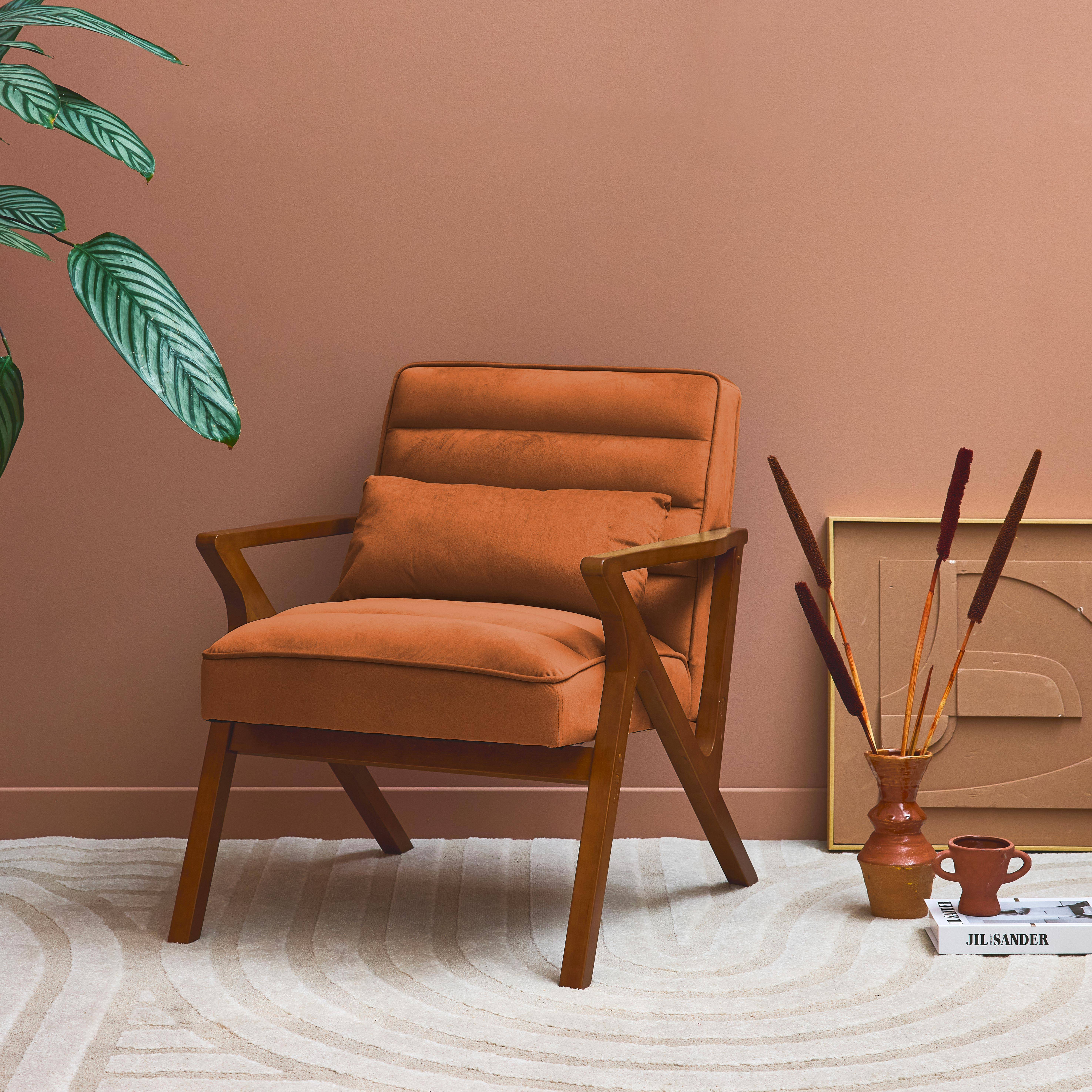 Poltrona scandinava in legno di hevea e velluto, Antoine velluto, Terracotta, 70.5x75x81 cm Photo2