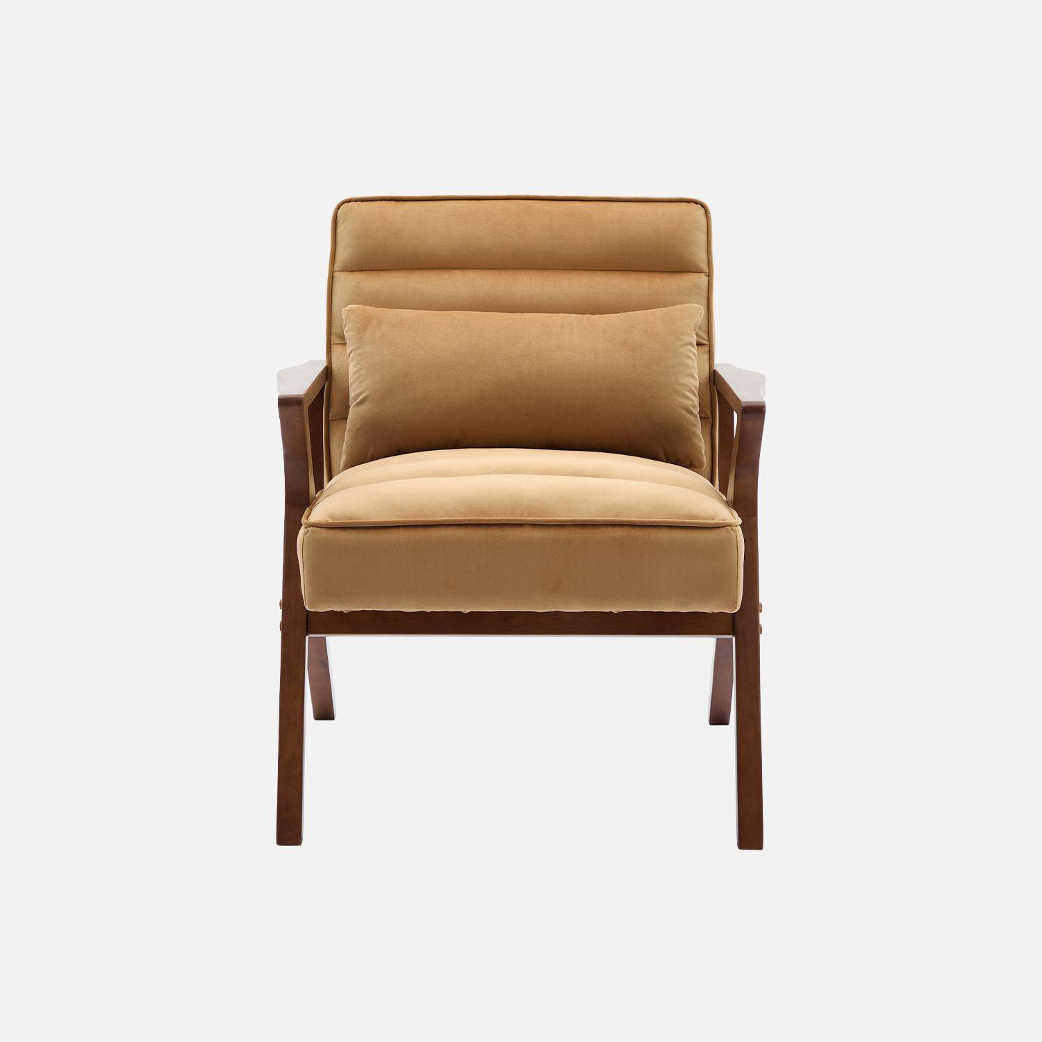 Fauteuil scandinave bois d'hévéa et velours taupe Photo2