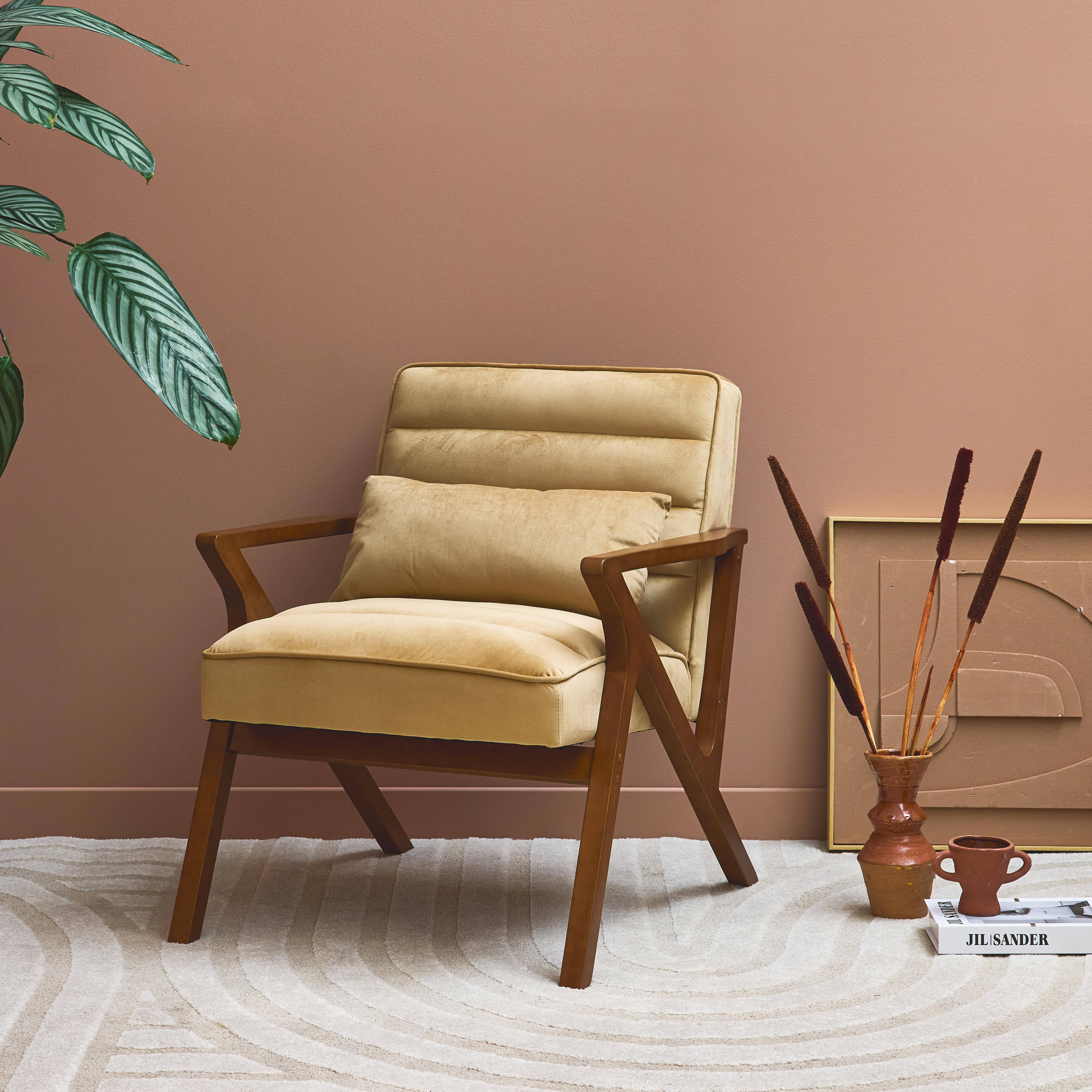 Fauteuil scandinave bois d'hévéa et velours taupe Photo2