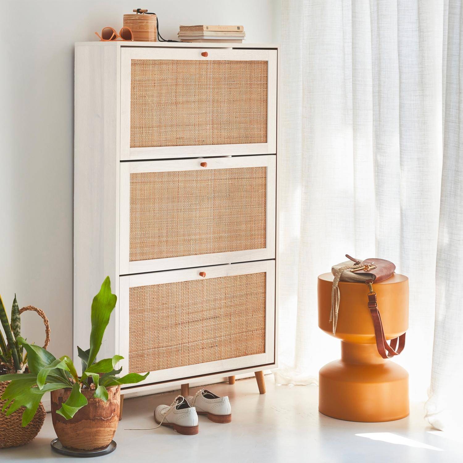 Schoenenkast met 3 kleplades houtdecor en rotan 75cm wit - Bohème Photo1