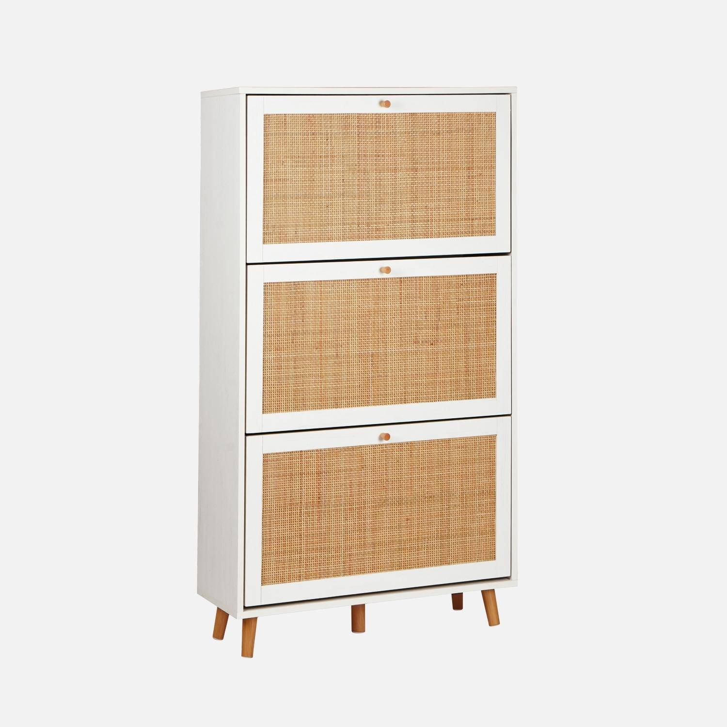 Schoenenkast met 3 kleplades houtdecor en rotan 75cm wit - Bohème Photo3