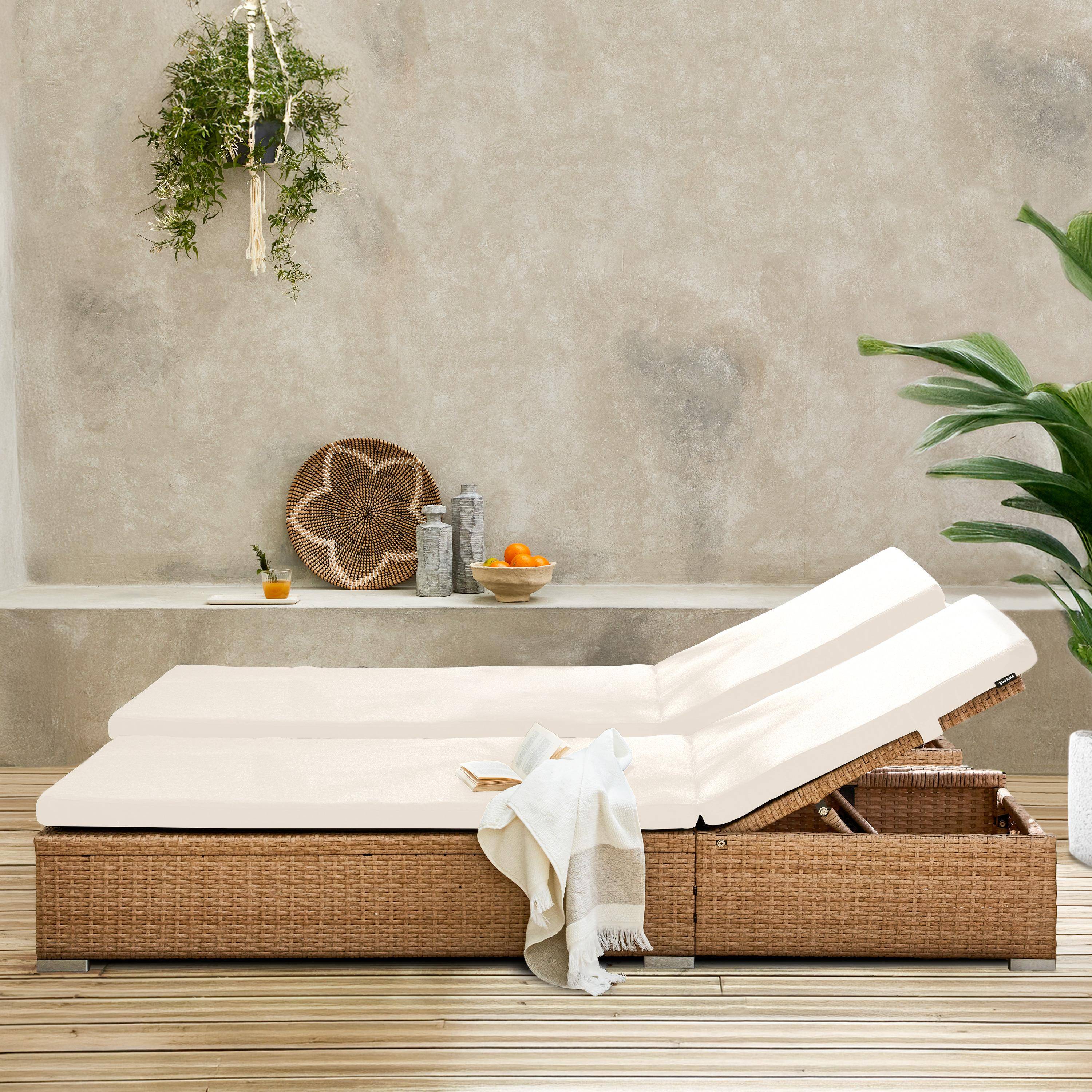 Lot de bains de soleil résine tressée, coussins polyester gris, multi  positions