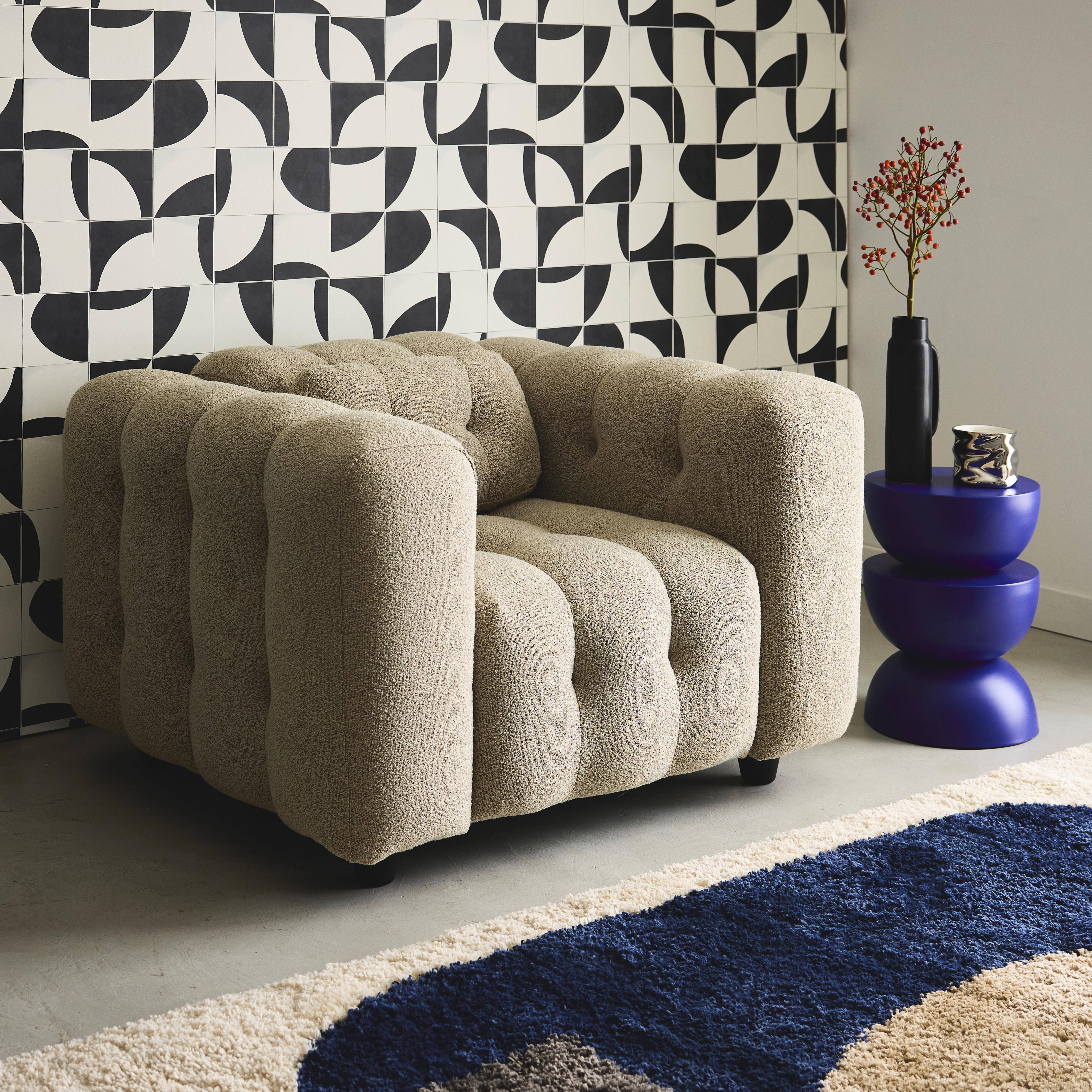 1-zits fauteuil in beige boucléstof met eucalyptushout en multiplex onderstel Photo2