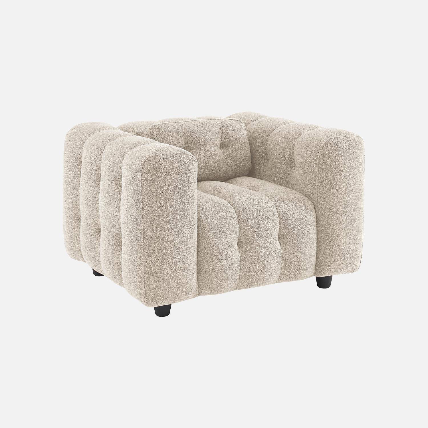 1-zits fauteuil in beige boucléstof met eucalyptushout en multiplex onderstel Photo3