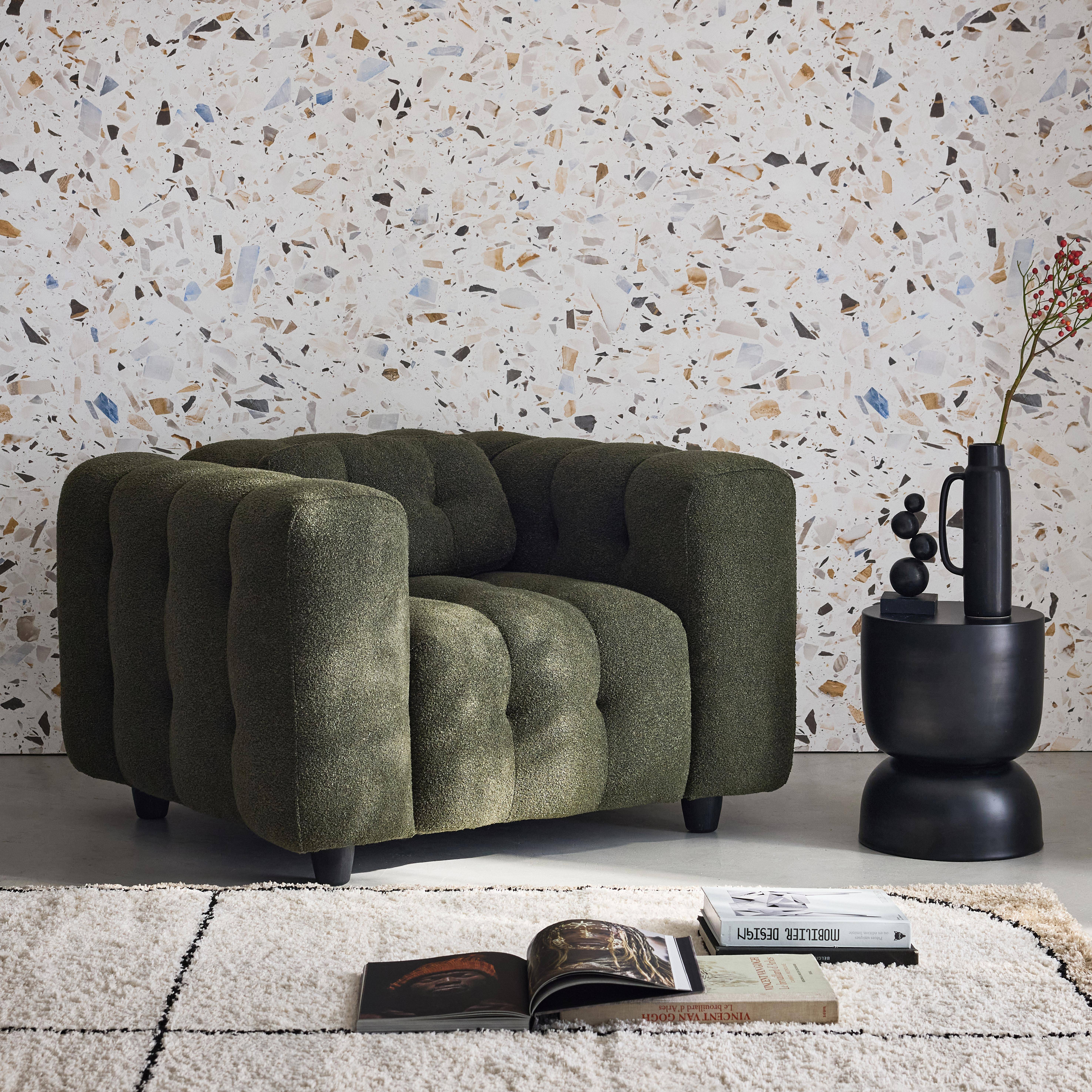 Fauteuil 1 place en bouclette texturée capitonné kaki foncé structure bois d'eucalyptus et contreplaqué  Photo2