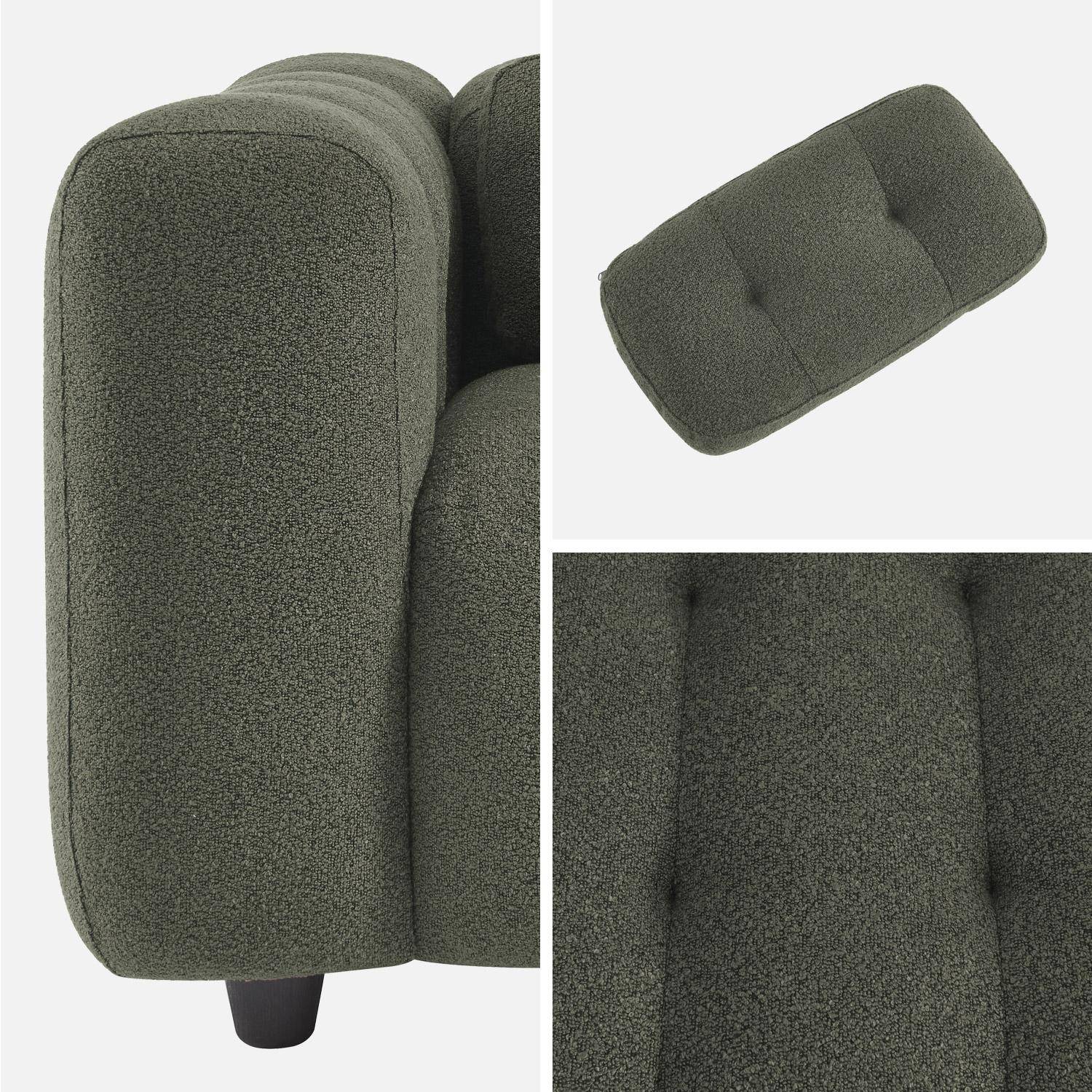Fauteuil 1 place en bouclette texturée capitonné kaki foncé structure bois d'eucalyptus et contreplaqué  Photo4