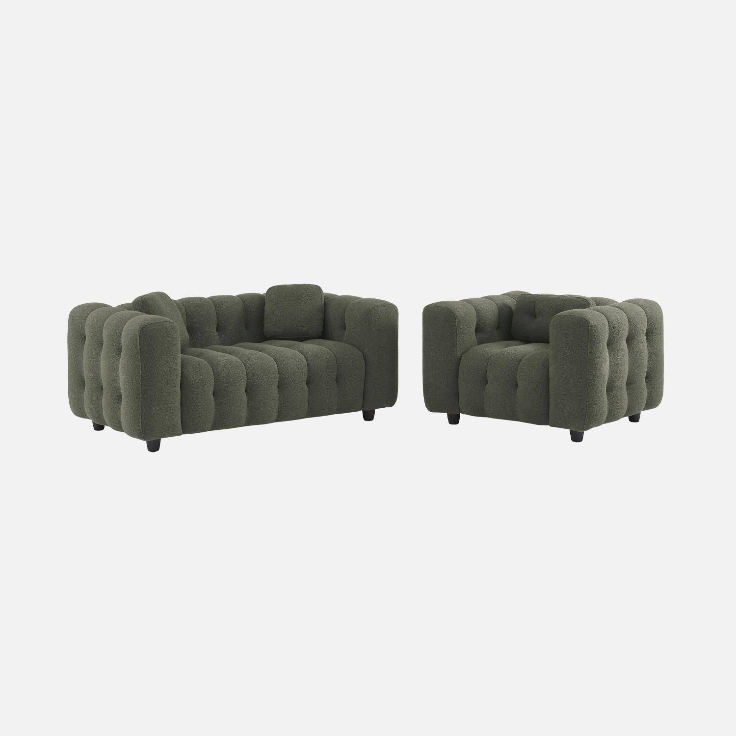 Fauteuil 1 place en bouclette texturée capitonné kaki foncé structure bois d'eucalyptus et contreplaqué  Photo5