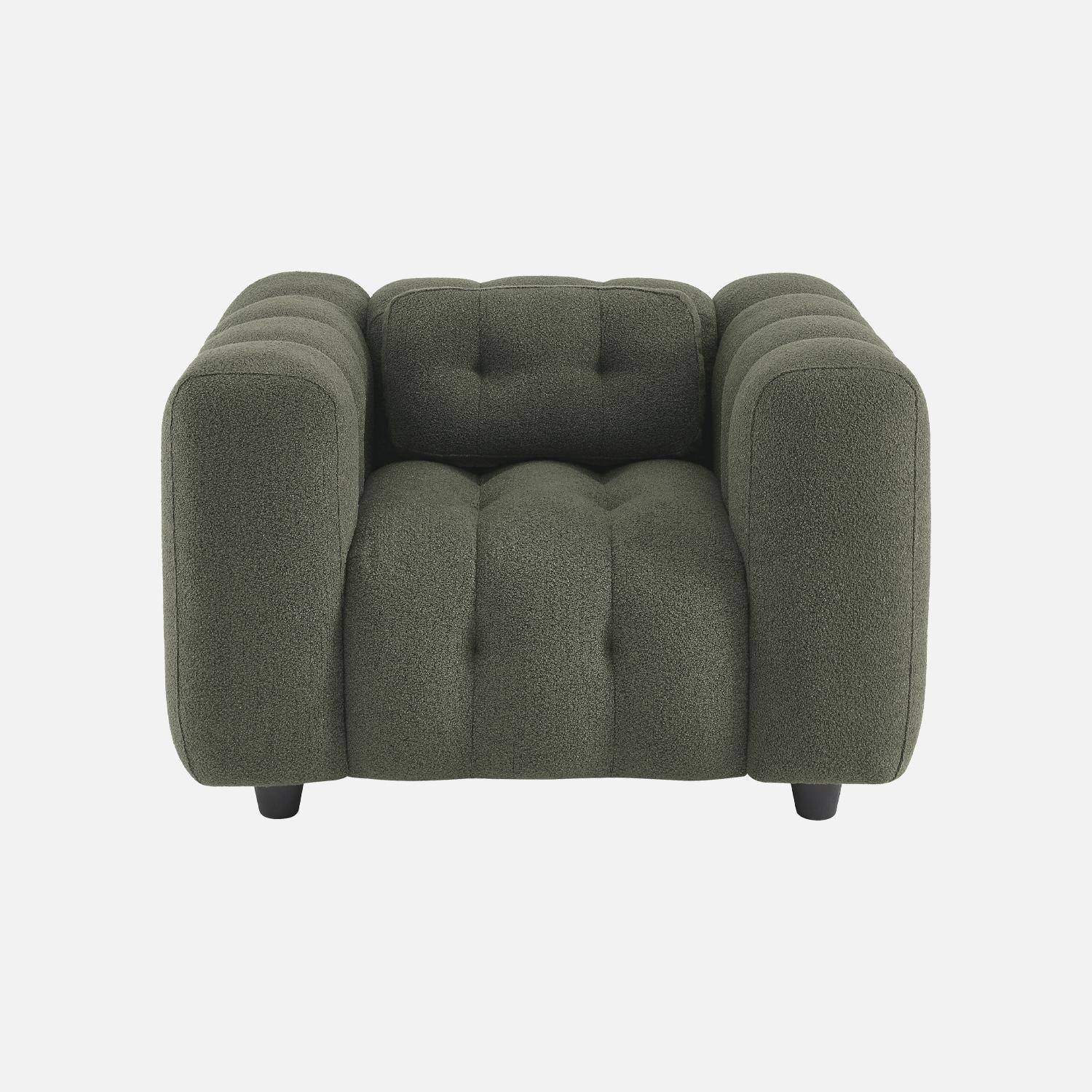 1-zits fauteuil in donker kaki boucléstof, frame in eucalyptushout en multiplex Photo4